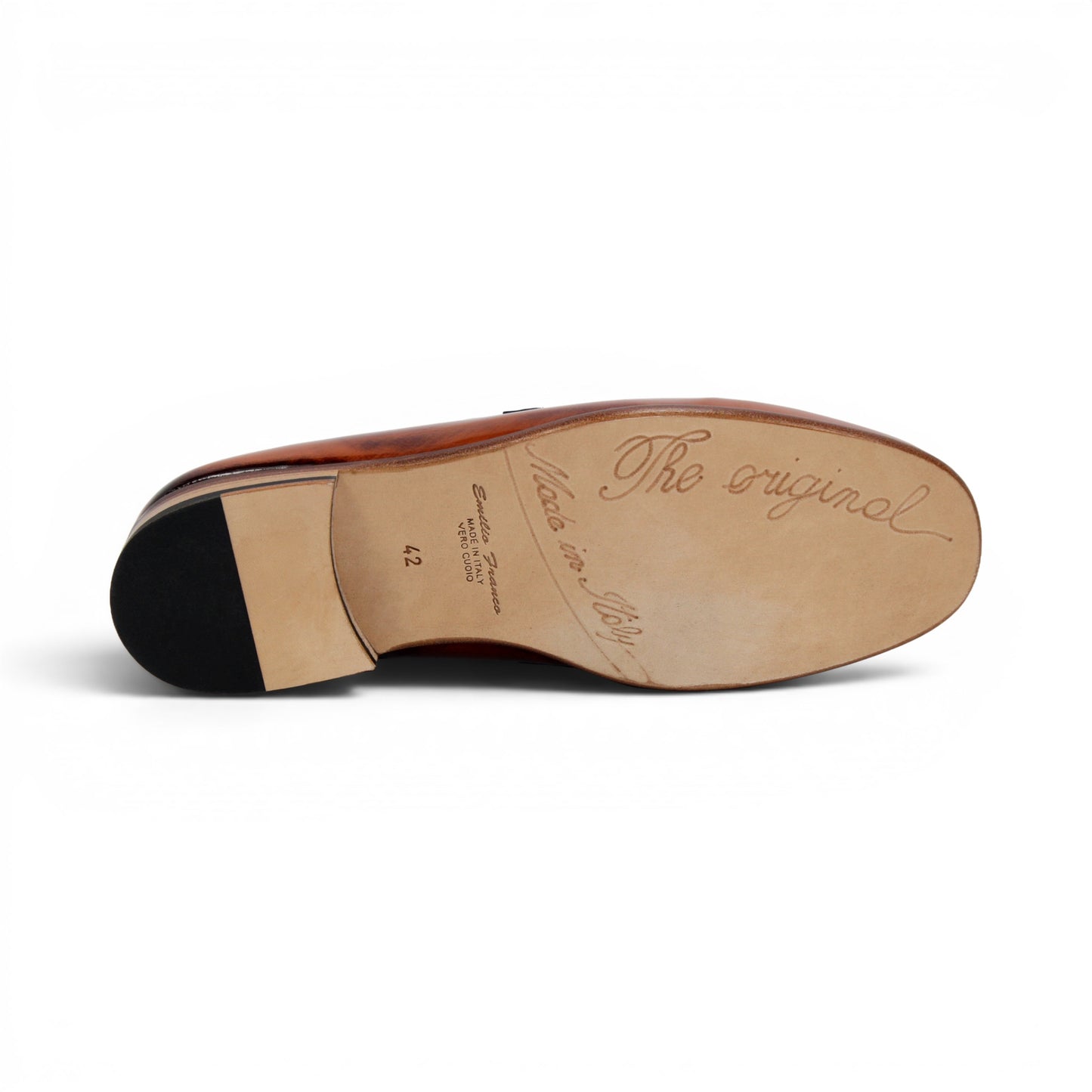 The Emilio Franco M2 Brandy/White is an Italian-crafted loafer by Emilio Franco, made from premium brown and white genuine leather. It features a classic leather sole, silver horsebit detail, low wooden heel, and stitched accents. Shown in side profile against a white background.
