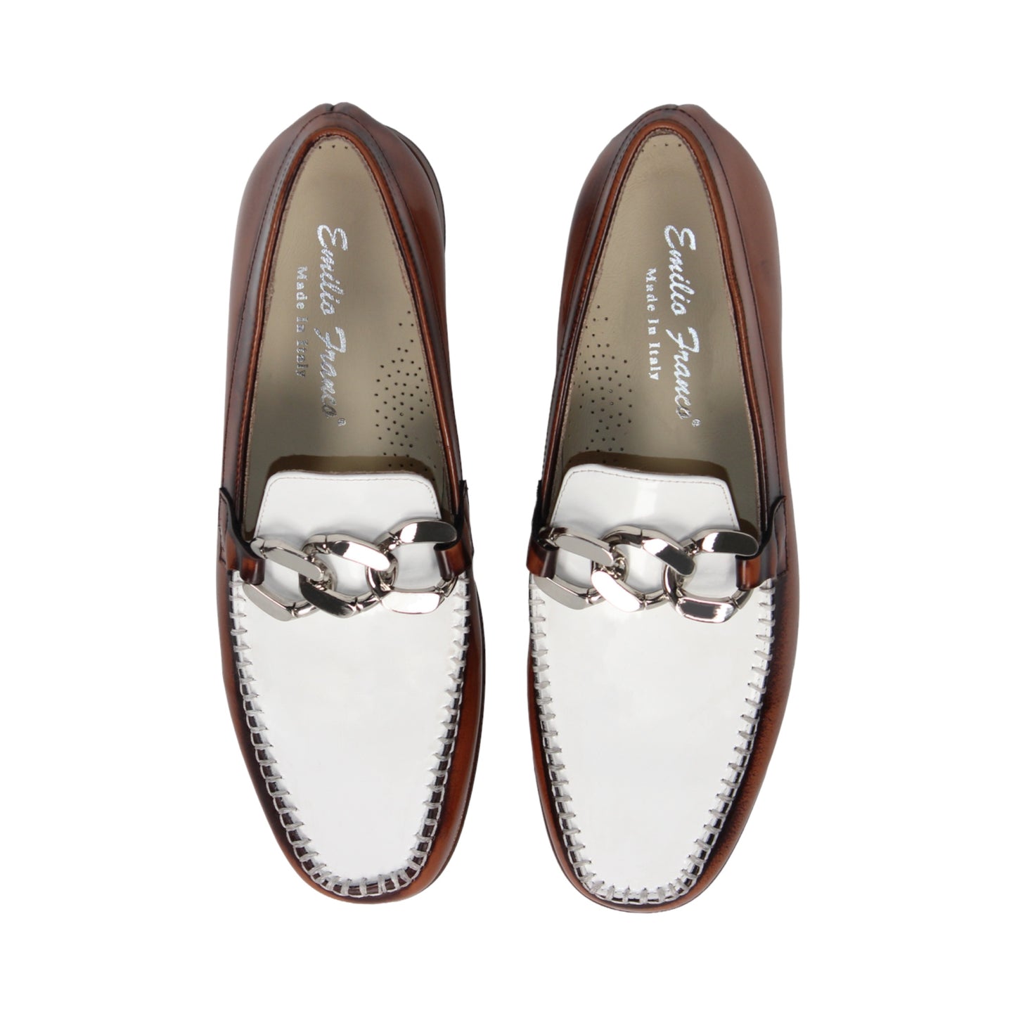 The Emilio Franco M2 Brandy/White is an Italian-crafted loafer by Emilio Franco, made from premium brown and white genuine leather. It features a classic leather sole, silver horsebit detail, low wooden heel, and stitched accents. Shown in side profile against a white background.
