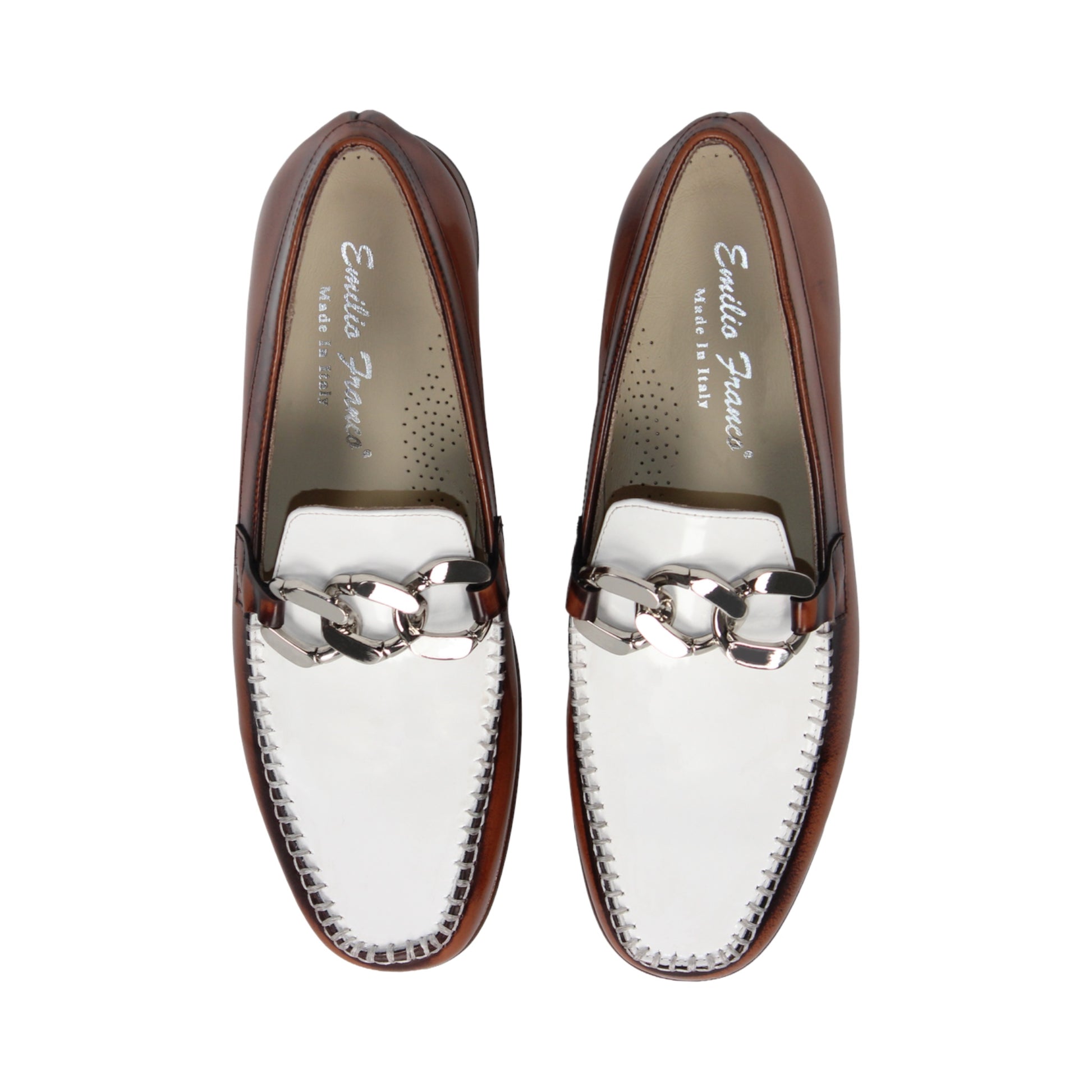 The Emilio Franco M2 Brandy/White is an Italian-crafted loafer by Emilio Franco, made from premium brown and white genuine leather. It features a classic leather sole, silver horsebit detail, low wooden heel, and stitched accents. Shown in side profile against a white background.