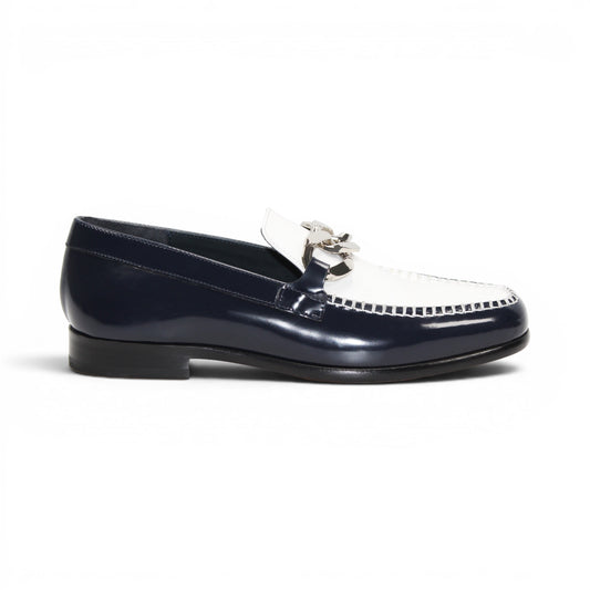 The Emilio Franco M2 Navy/White loafer by Emilio Franco is an Italian-crafted leather shoe in navy blue and white, featuring a metal buckle accent and shown in profile view on a white background.