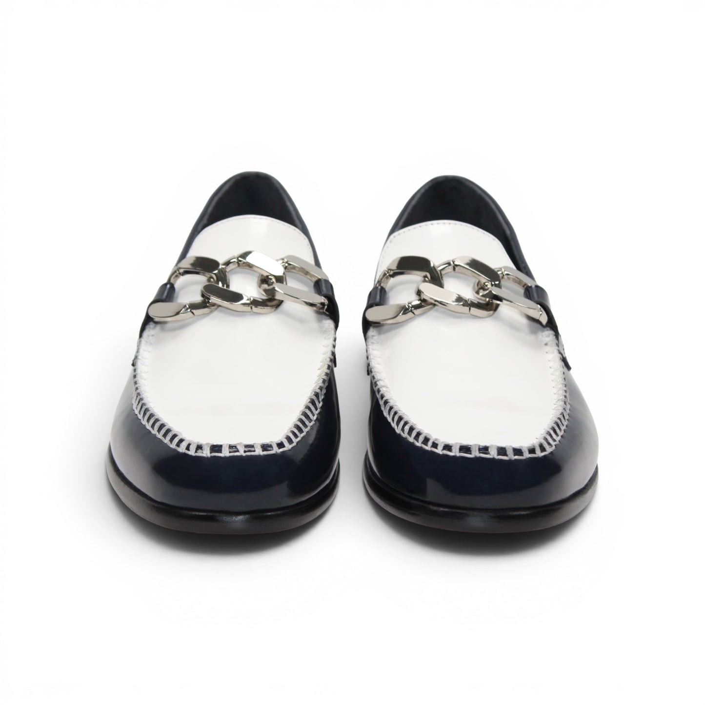 The Emilio Franco M2 Navy/White loafer by Emilio Franco is an Italian-crafted leather shoe in navy blue and white, featuring a metal buckle accent and shown in profile view on a white background.