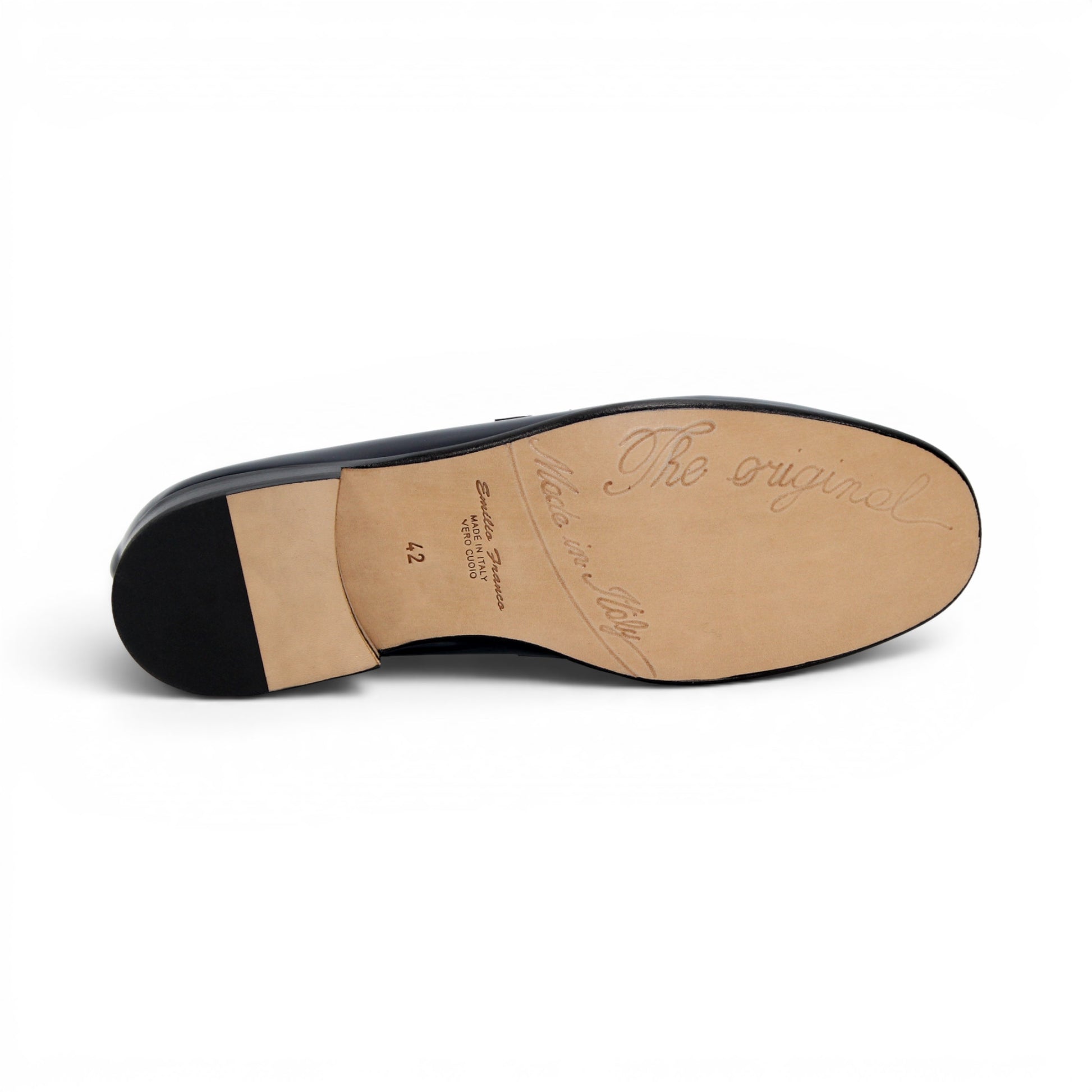 The Emilio Franco M2 Navy/White loafer by Emilio Franco is an Italian-crafted leather shoe in navy blue and white, featuring a metal buckle accent and shown in profile view on a white background.