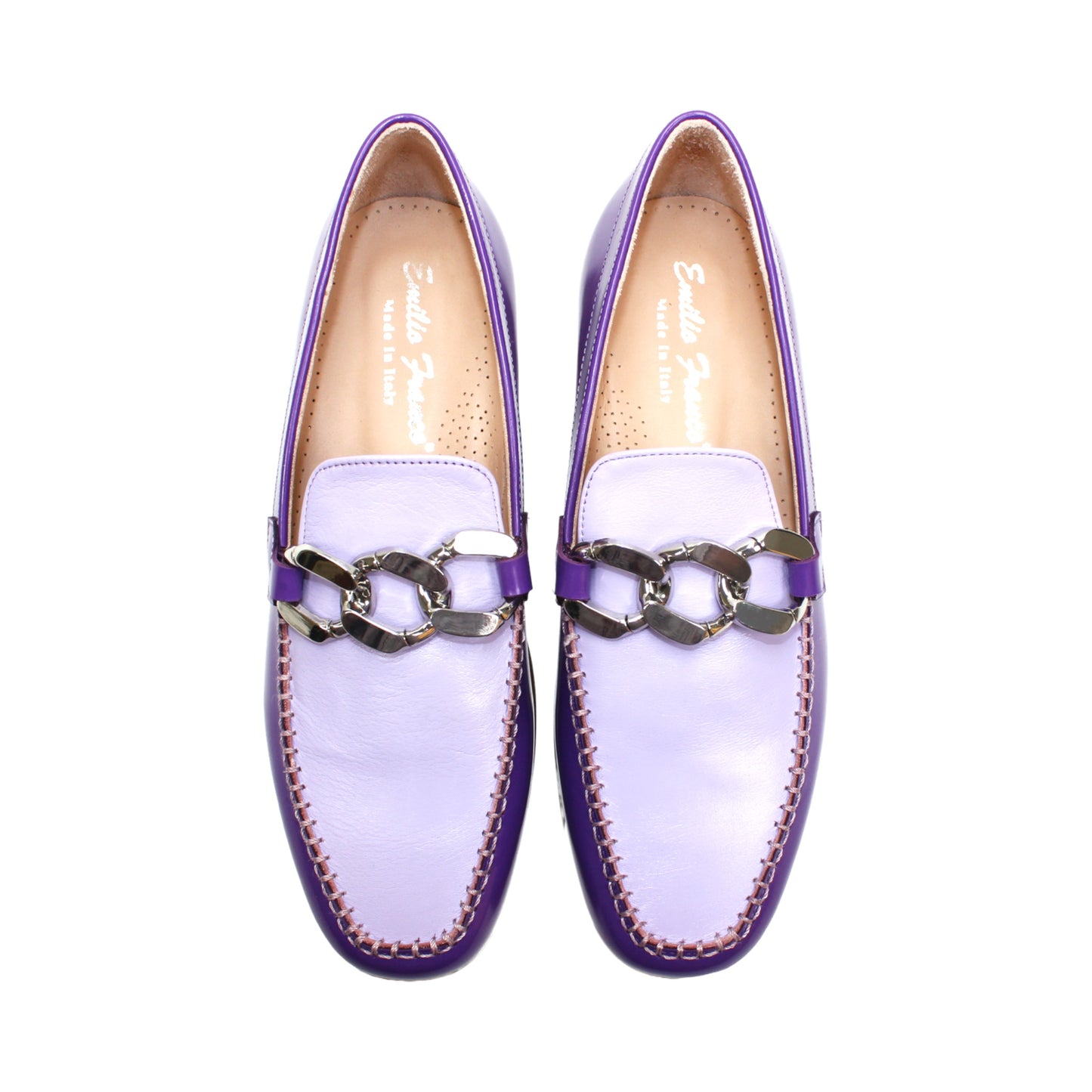 The Emilio Franco M2 Purple/Lavender loafer is an Italian-crafted shoe featuring white stitching, a metal chain detail on the upper, and a brown wooden sole.