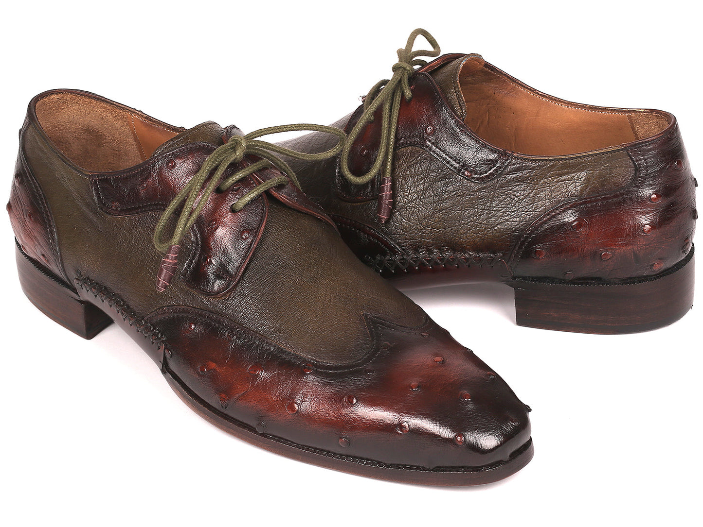 Paul Parkman Ostrich Skin Wingtip Derby Shoes (844H389) feature hand-painted green and brown tones, brogue details, and green laces. Displayed against a white background.