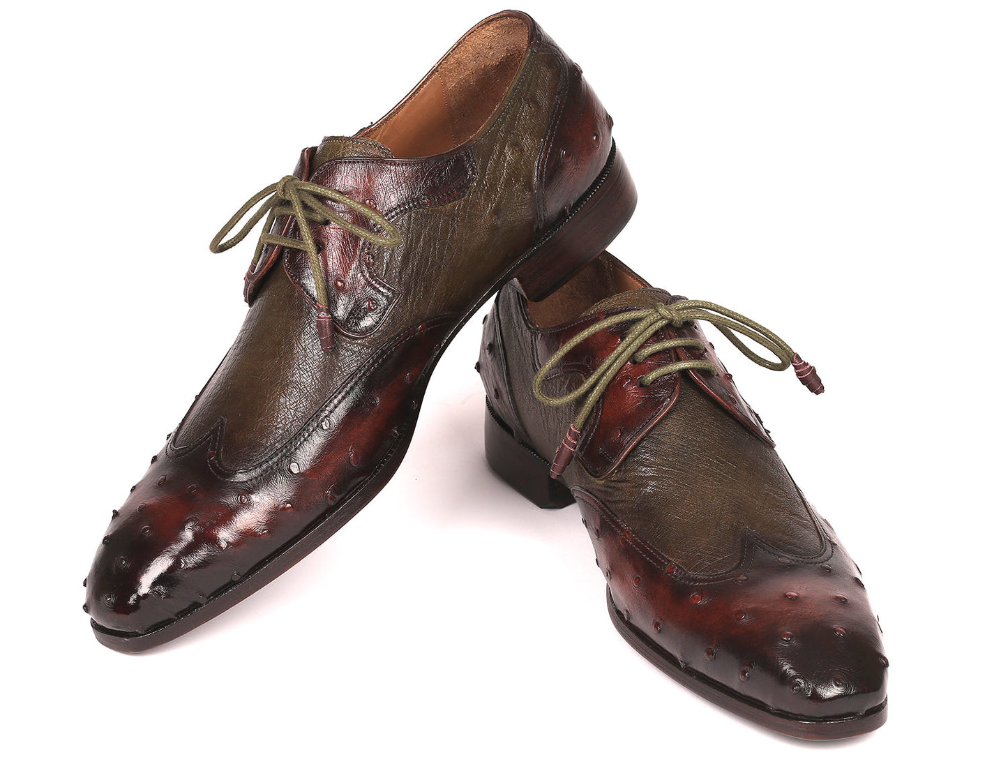 Paul Parkman Ostrich Skin Wingtip Derby Shoes (844H389) feature hand-painted green and brown tones, brogue details, and green laces. Displayed against a white background.