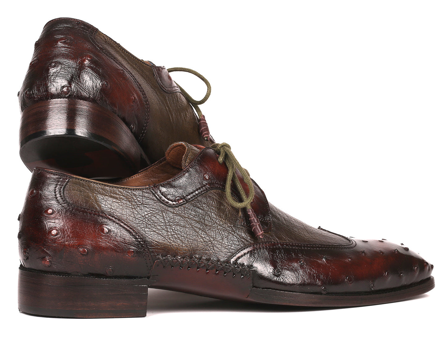 Paul Parkman Ostrich Skin Wingtip Derby Shoes (844H389) feature hand-painted green and brown tones, brogue details, and green laces. Displayed against a white background.