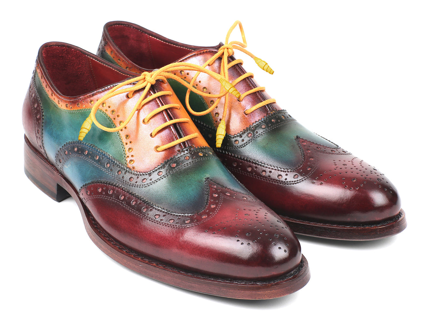 Paul Parkman Wingtip Oxfords Goodyear Welted Multicolor - 027-MIX are handmade men’s shoes featuring multicolored leather, yellow laces, brogue details, and a polished finish for timeless style and quality craftsmanship.