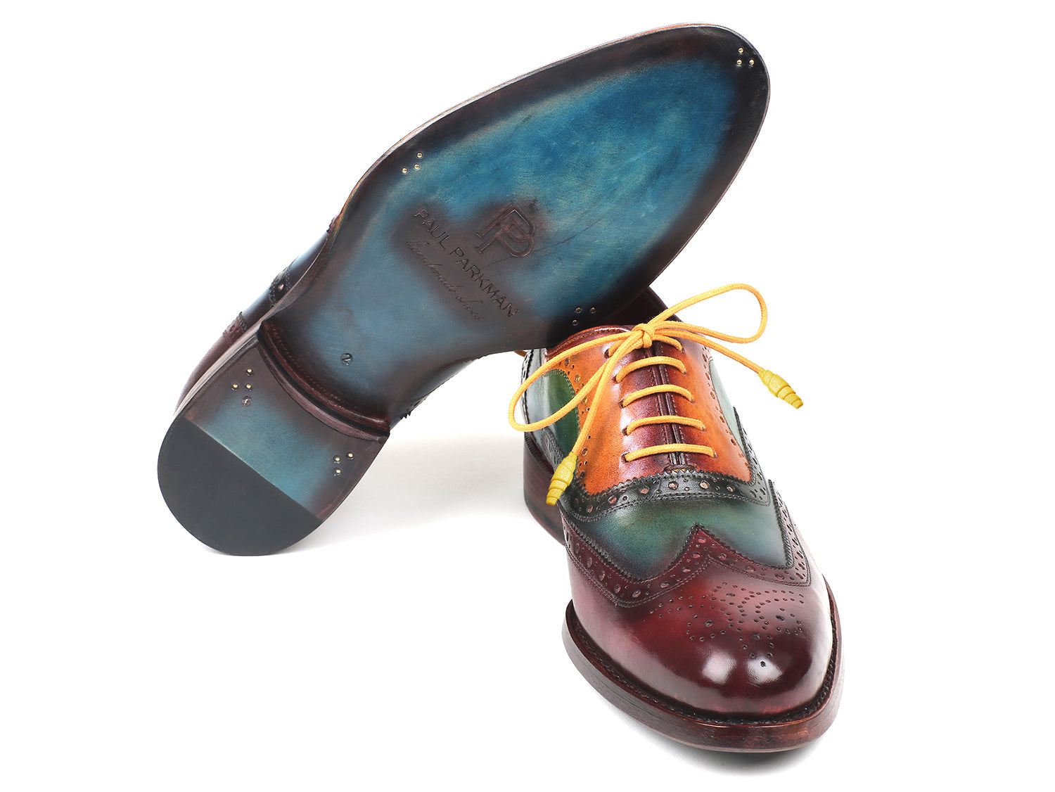 Paul Parkman Wingtip Oxfords Goodyear Welted Multicolor - 027-MIX are handmade men’s shoes featuring multicolored leather, yellow laces, brogue details, and a polished finish for timeless style and quality craftsmanship.