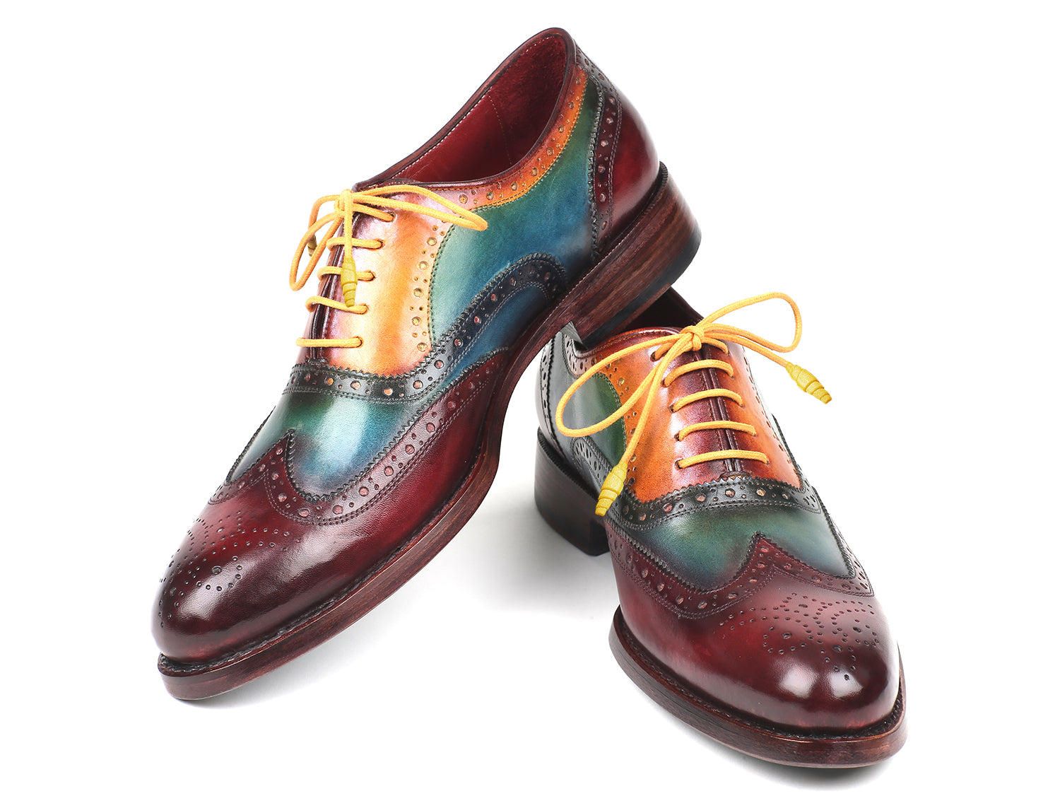 Paul Parkman Wingtip Oxfords Goodyear Welted Multicolor - 027-MIX are handmade men’s shoes featuring multicolored leather, yellow laces, brogue details, and a polished finish for timeless style and quality craftsmanship.