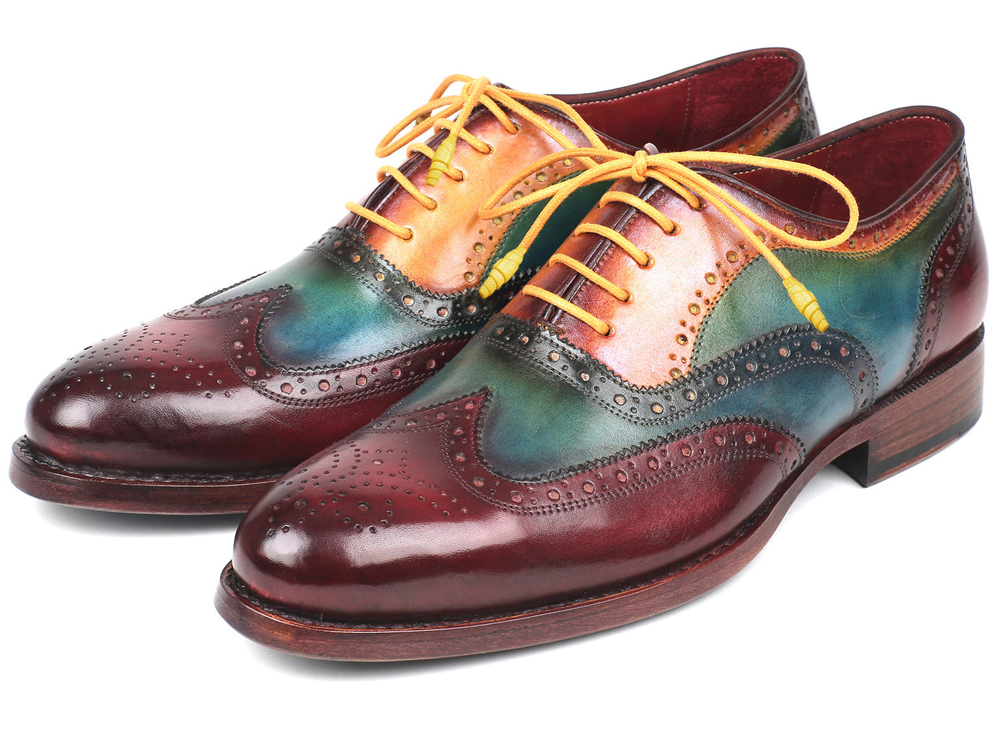 Paul Parkman Wingtip Oxfords Goodyear Welted Multicolor - 027-MIX are handmade men’s shoes featuring multicolored leather, yellow laces, brogue details, and a polished finish for timeless style and quality craftsmanship.