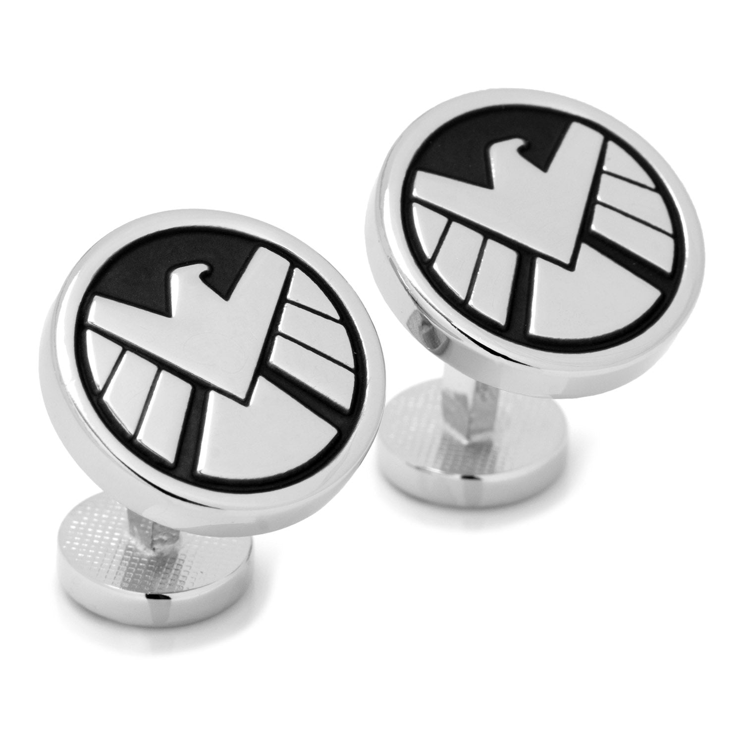 Show your fandom with Marvel Agents of S.H.I.E.L.D. Cufflinks by Cufflinks.com—featuring the S.H.I.E.L.D. logo in black and white, plus the Marvel logo on the back—for a stylish finishing touch to your look.