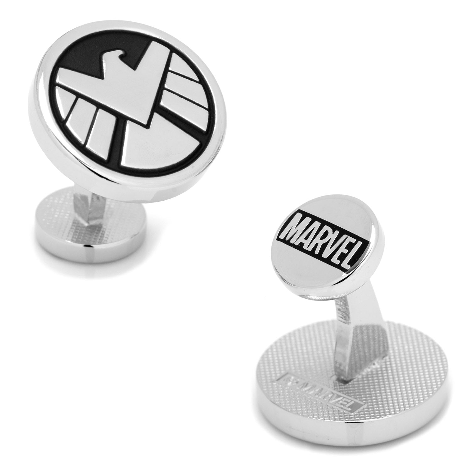 Show your fandom with Marvel Agents of S.H.I.E.L.D. Cufflinks by Cufflinks.com—featuring the S.H.I.E.L.D. logo in black and white, plus the Marvel logo on the back—for a stylish finishing touch to your look.