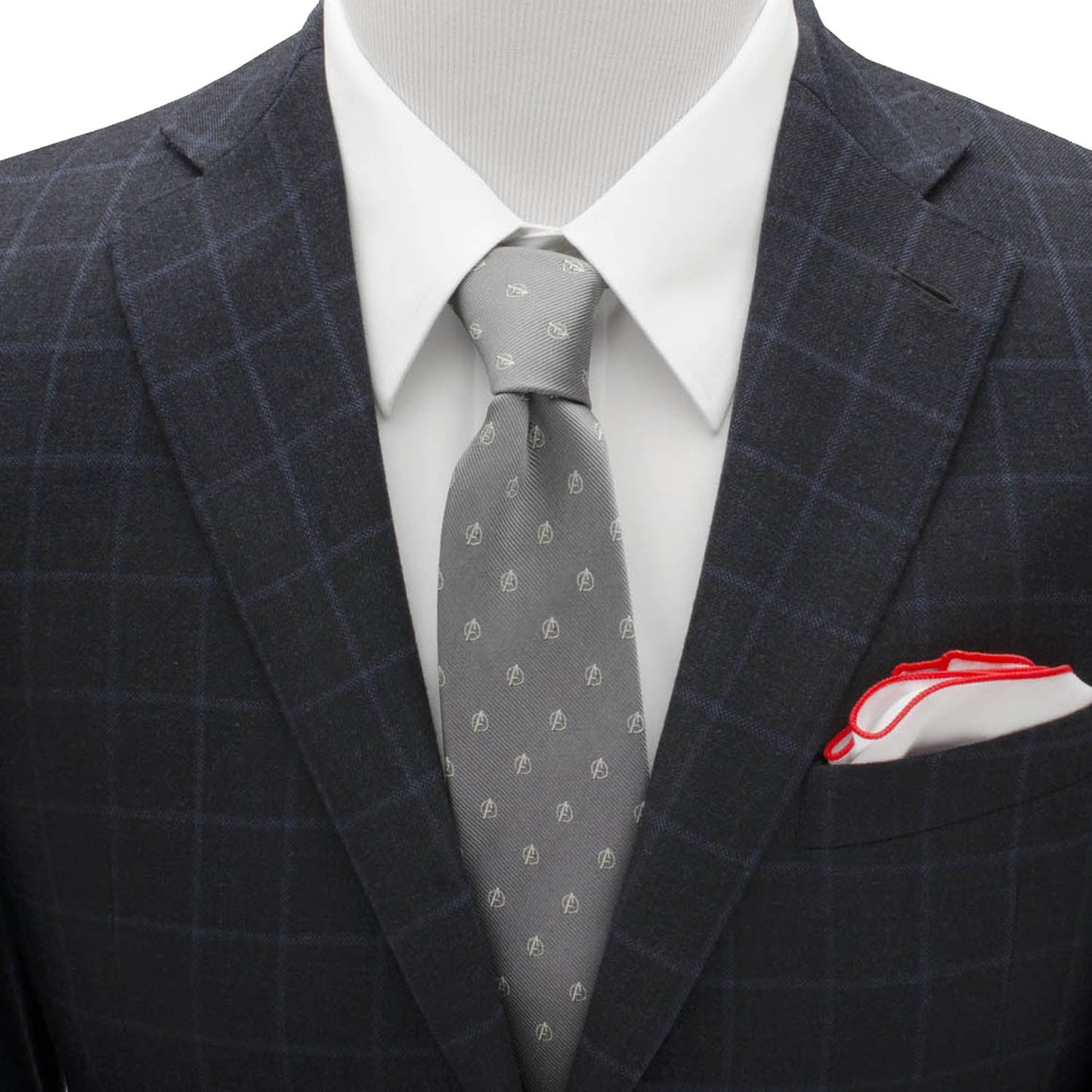 The Marvel Avengers Gray Men's Tie from Cufflinks.com features a repeating embroidered Avengers logo—a must-have accessory for any Marvel fan.