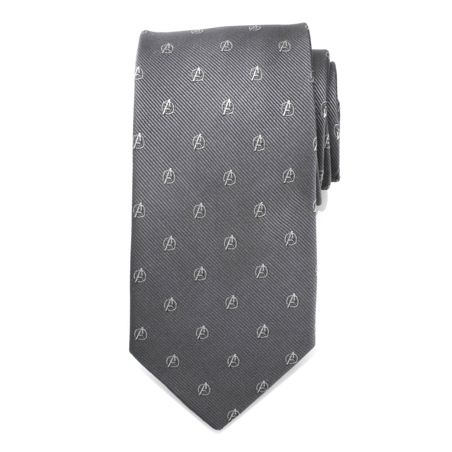 The Marvel Avengers Gray Men's Tie from Cufflinks.com features a repeating embroidered Avengers logo—a must-have accessory for any Marvel fan.