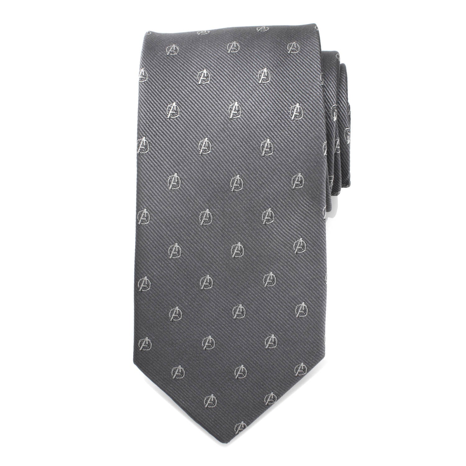 The Marvel Avengers Gray Men's Tie from Cufflinks.com features a repeating embroidered Avengers logo—a must-have accessory for any Marvel fan.