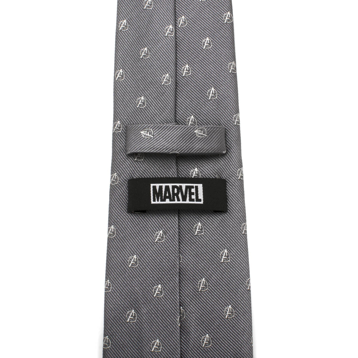 The Marvel Avengers Gray Men's Tie from Cufflinks.com features a repeating embroidered Avengers logo—a must-have accessory for any Marvel fan.