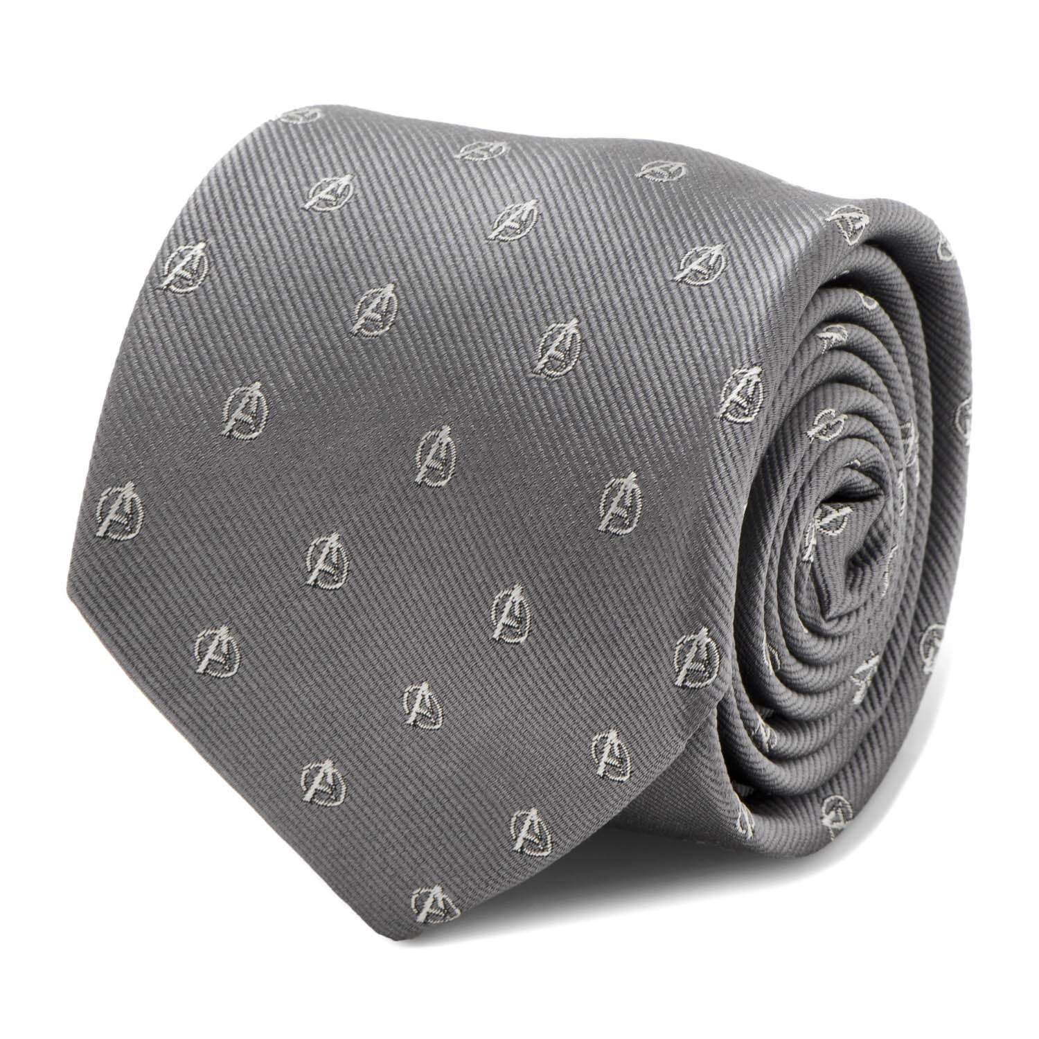 The Marvel Avengers Gray Men's Tie from Cufflinks.com features a repeating embroidered Avengers logo—a must-have accessory for any Marvel fan.
