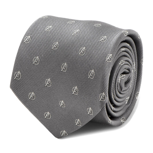 The Marvel Avengers Gray Men's Tie from Cufflinks.com features a repeating embroidered Avengers logo—a must-have accessory for any Marvel fan.