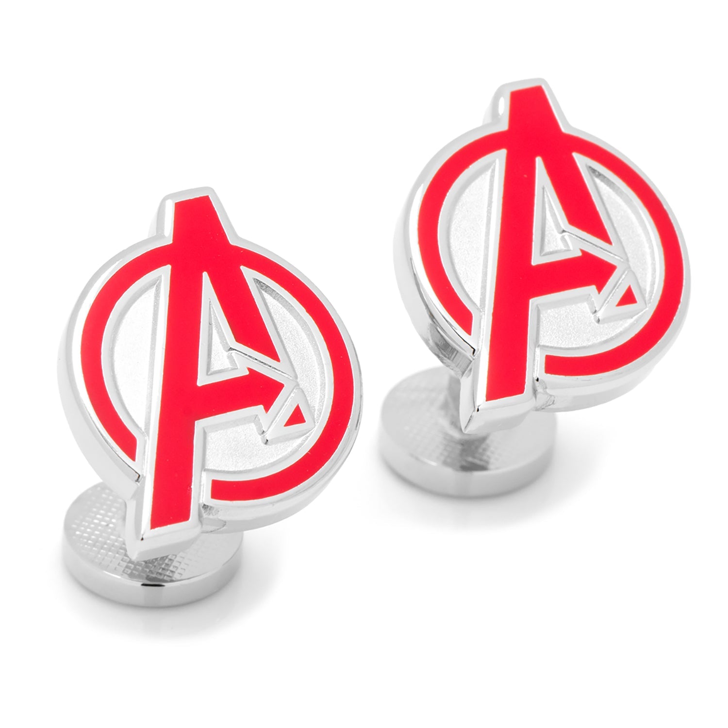 Marvel Avengers Cufflinks by Cufflinks.com feature the iconic red "A" logo on one side and a black-and-white Marvel logo on the back—ideal accessories for any superhero fan.