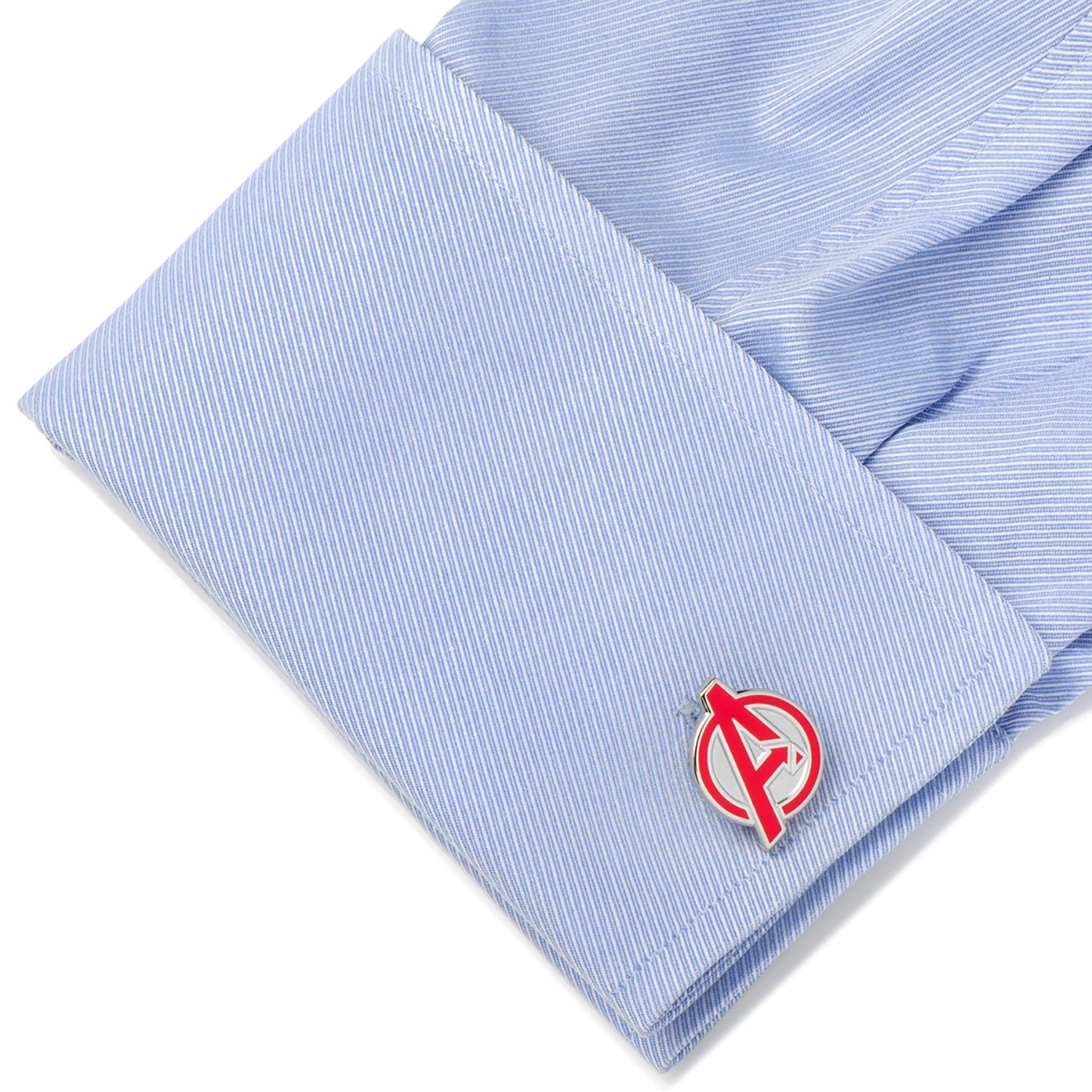 Marvel Avengers Cufflinks by Cufflinks.com feature the iconic red "A" logo on one side and a black-and-white Marvel logo on the back—ideal accessories for any superhero fan.