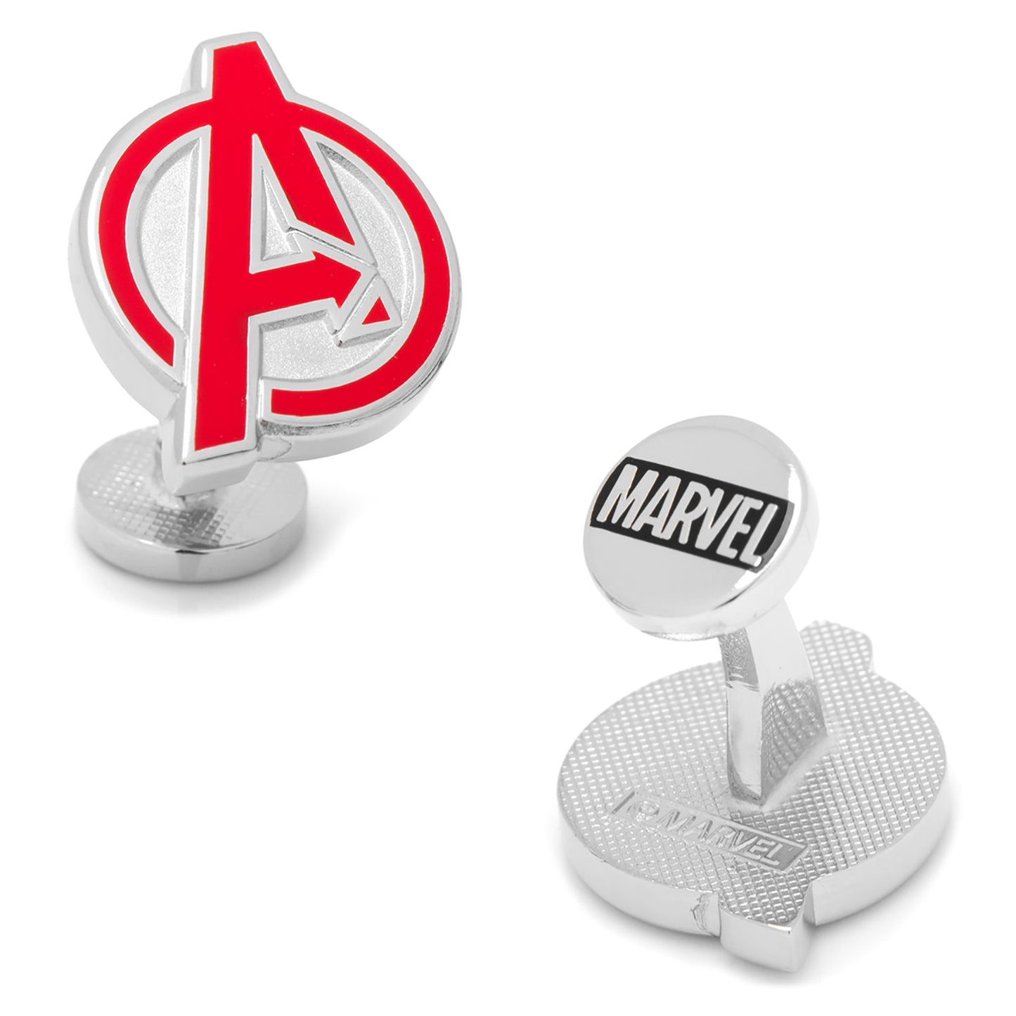 Marvel Avengers Cufflinks by Cufflinks.com feature the iconic red "A" logo on one side and a black-and-white Marvel logo on the back—ideal accessories for any superhero fan.