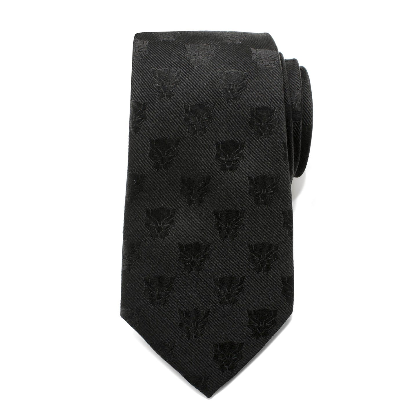 The Marvel Black Panther Men's Tie by Cufflinks.com is a rolled-up woven silk tie featuring a subtle, repeating pattern of the iconic mask emblem.