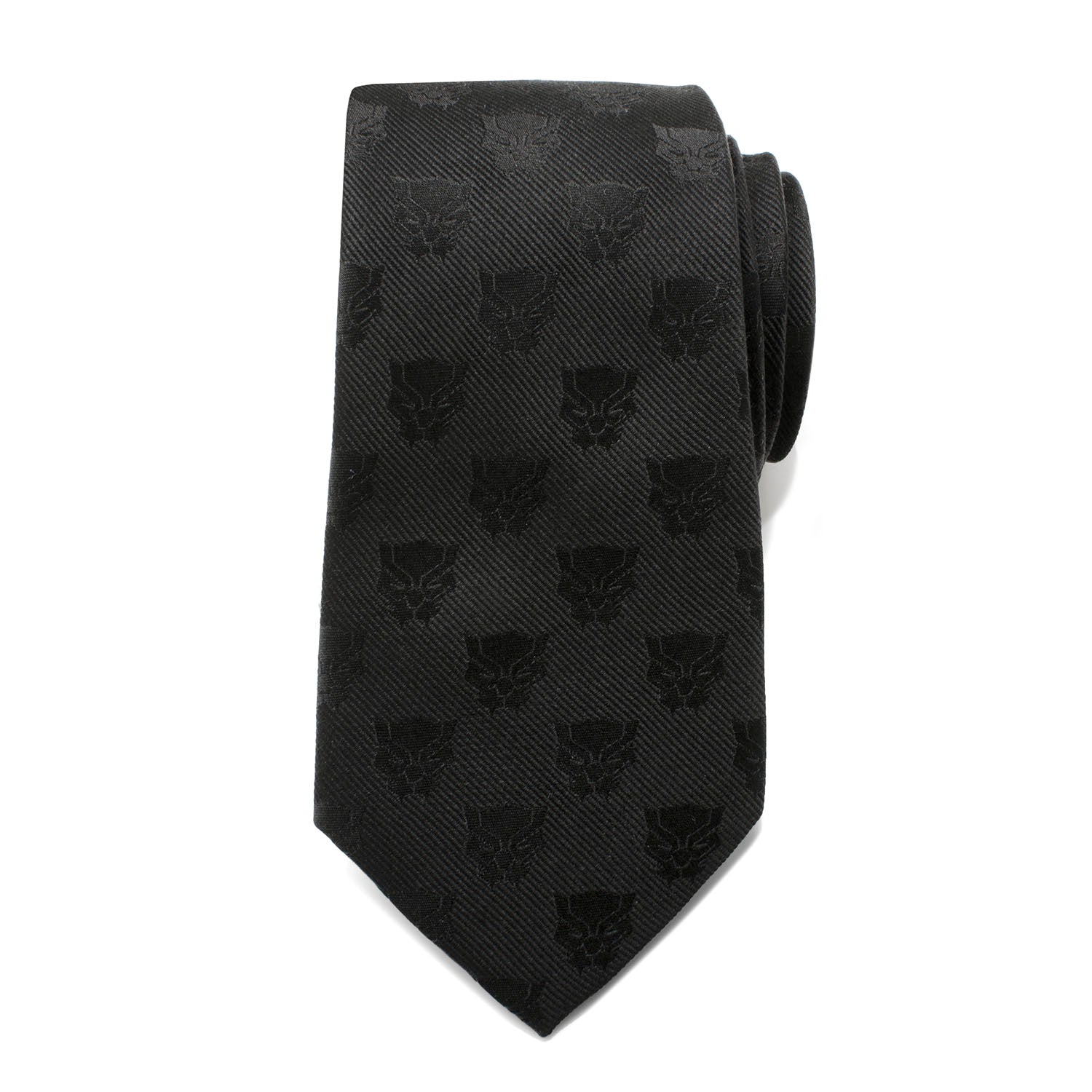 The Marvel Black Panther Men's Tie by Cufflinks.com is a rolled-up woven silk tie featuring a subtle, repeating pattern of the iconic mask emblem.