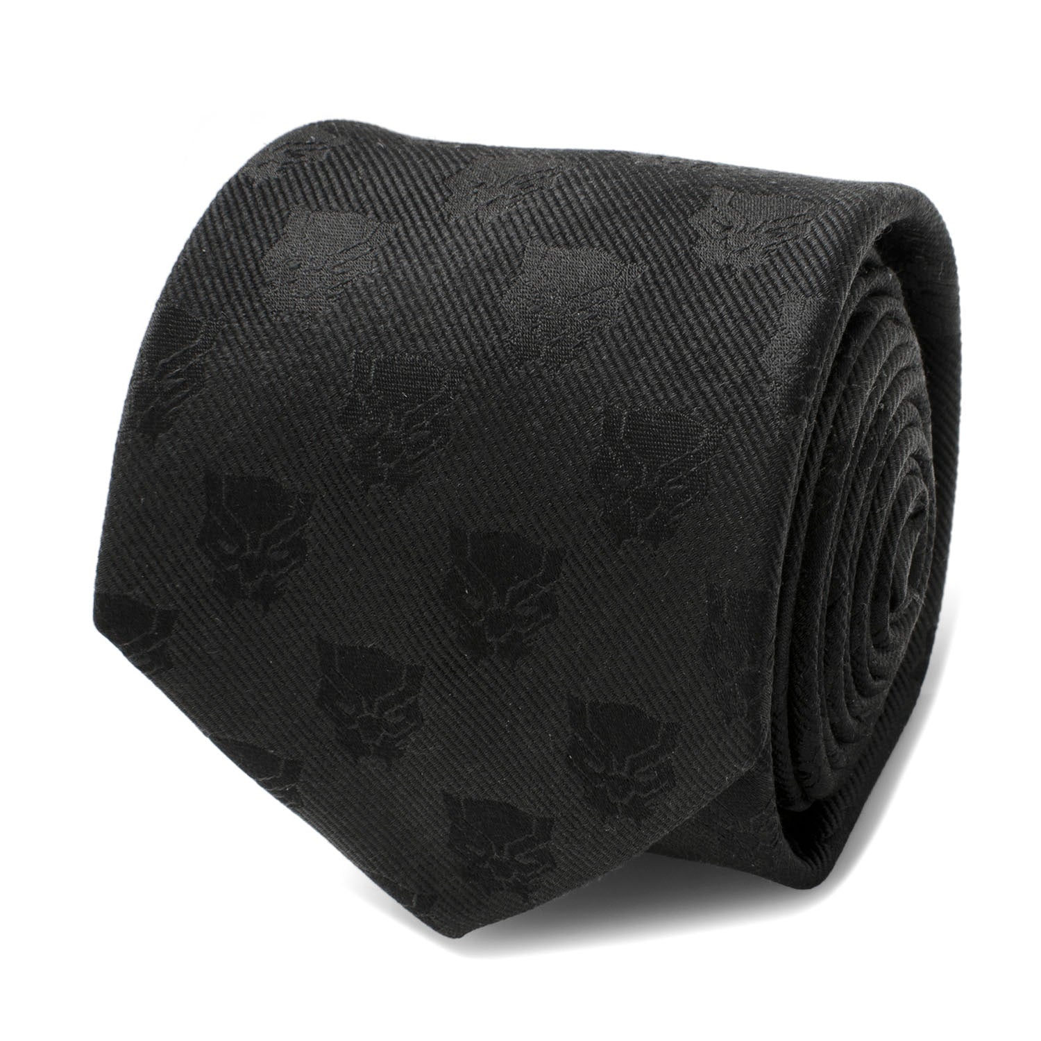 The Marvel Black Panther Men's Tie by Cufflinks.com is a rolled-up woven silk tie featuring a subtle, repeating pattern of the iconic mask emblem.