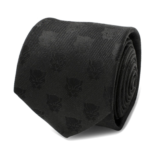 The Marvel Black Panther Men's Tie by Cufflinks.com is a rolled-up woven silk tie featuring a subtle, repeating pattern of the iconic mask emblem.
