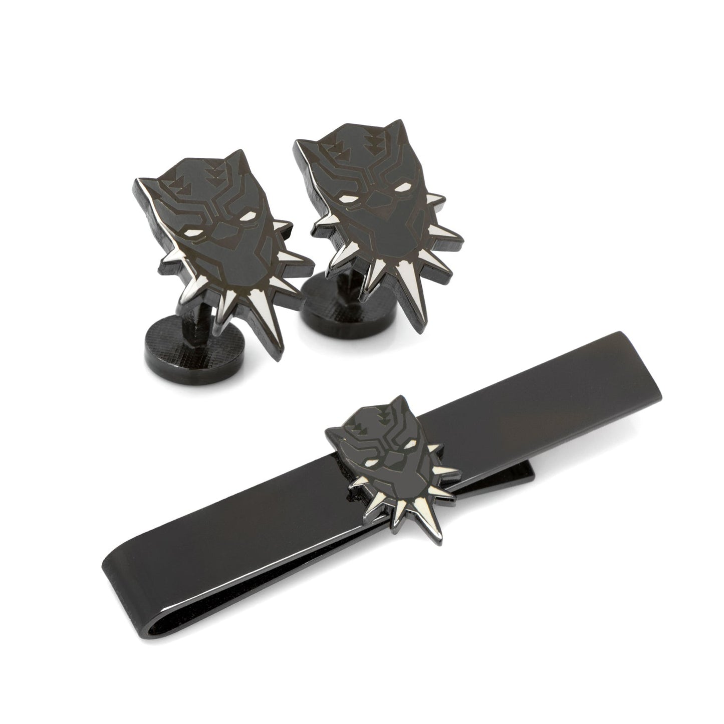 The Marvel Black Panther Cufflinks and Tie Bar Gift Set by Cufflinks.com features a mask design inspired by the Oscar-winning film, shown on a white background.