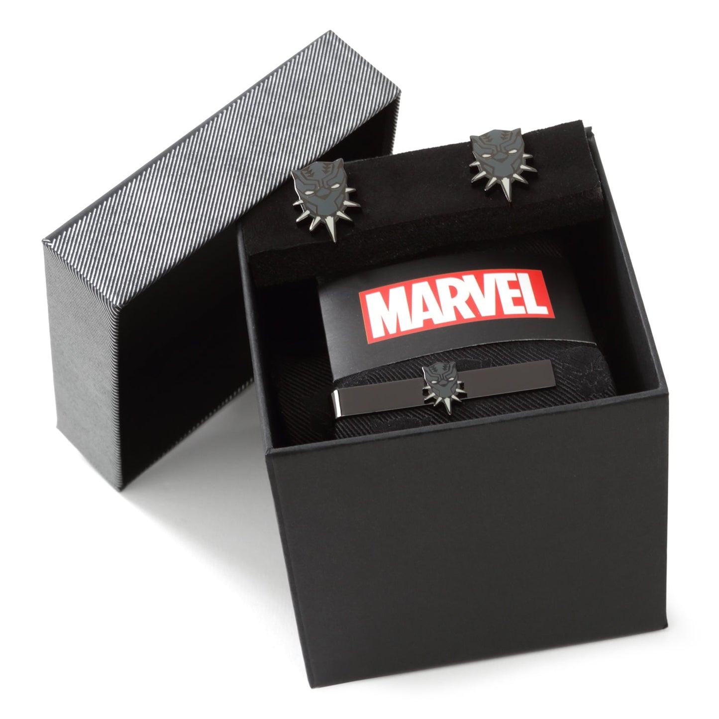 The Marvel Black Panther 3 Piece Necktie Gift Set by Cufflinks.com includes a black silk tie, matching cufflinks, and a tie clip—all featuring a panther mask design—making it the perfect accessory set for Black Panther fans.