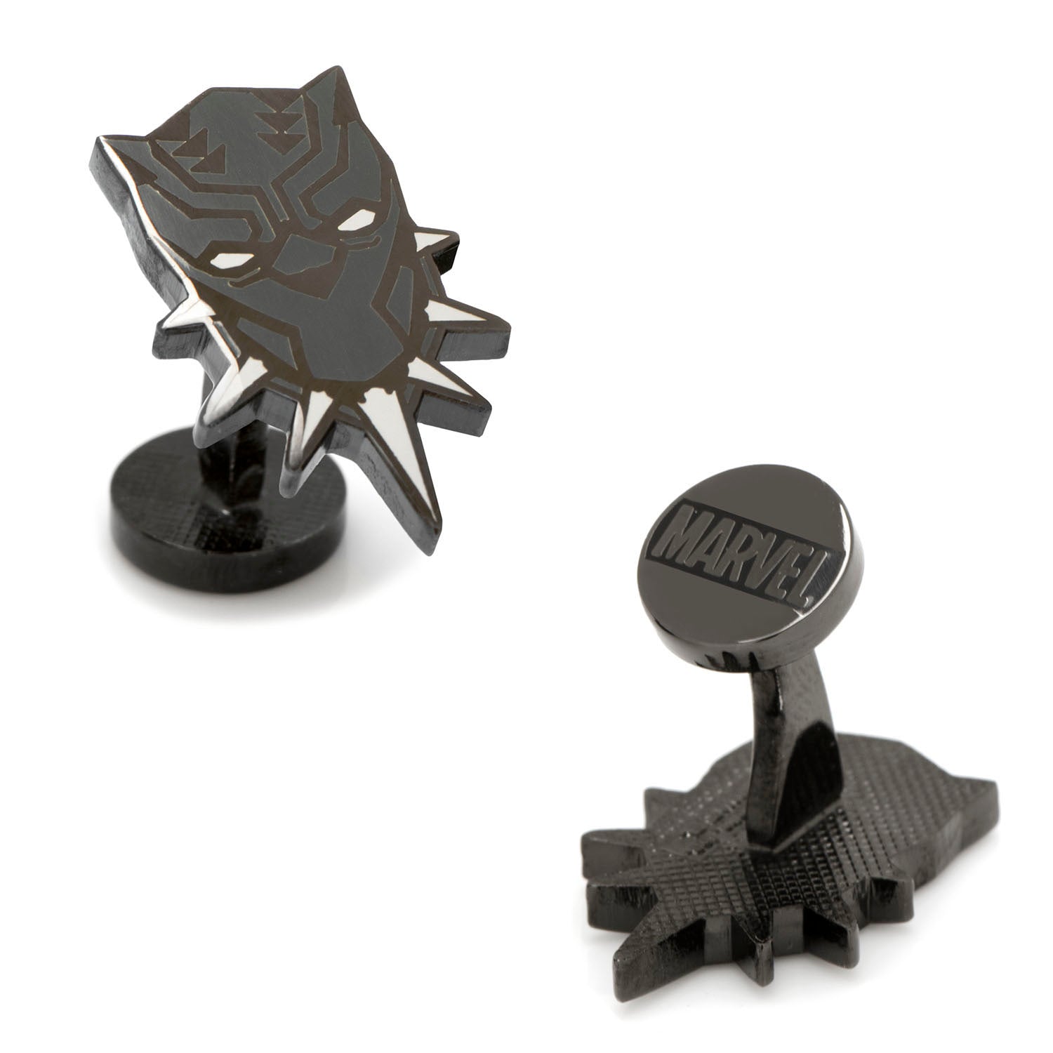 The Marvel Black Panther 3 Piece Necktie Gift Set by Cufflinks.com includes a black silk tie, matching cufflinks, and a tie clip—all featuring a panther mask design—making it the perfect accessory set for Black Panther fans.