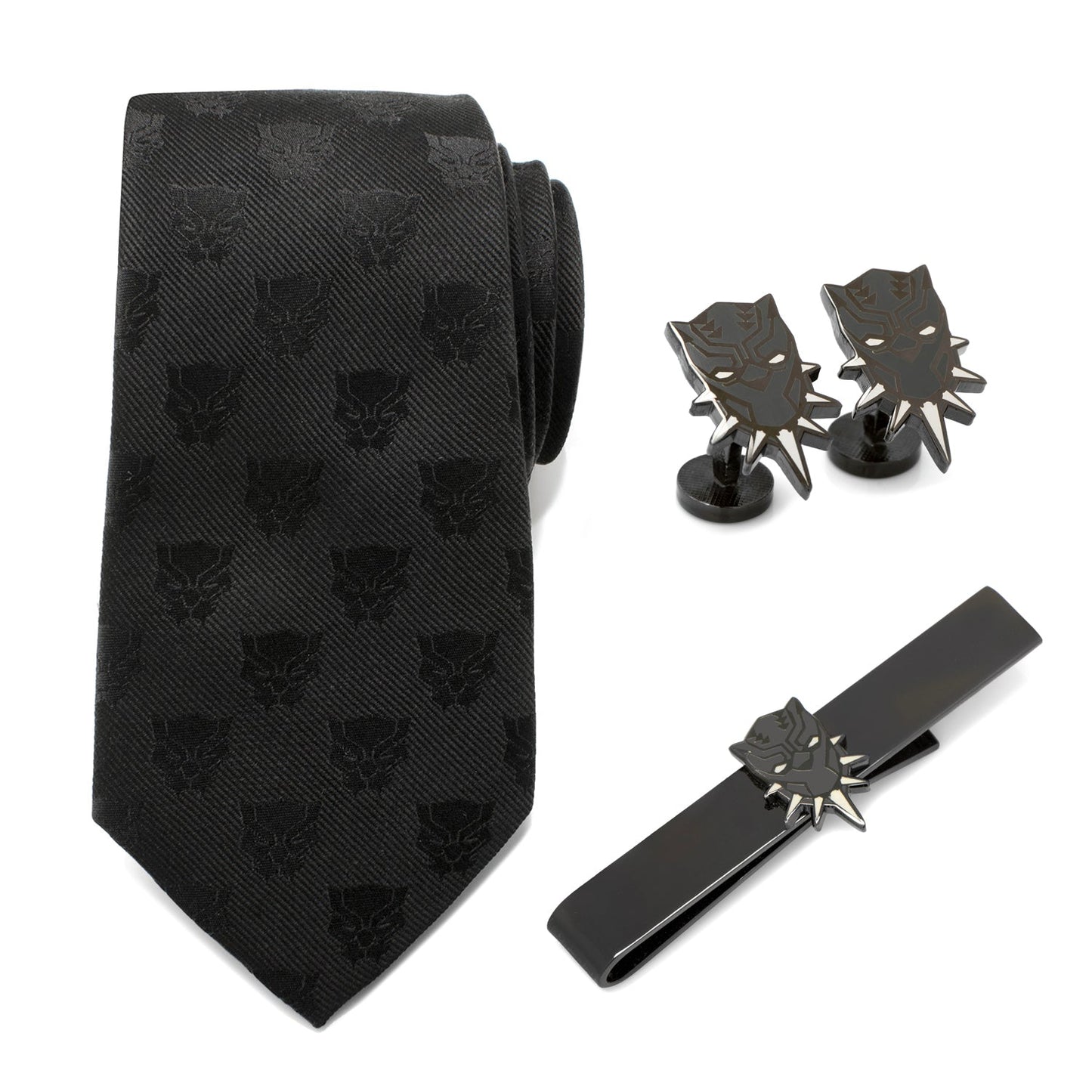The Marvel Black Panther 3 Piece Necktie Gift Set by Cufflinks.com includes a black silk tie, matching cufflinks, and a tie clip—all featuring a panther mask design—making it the perfect accessory set for Black Panther fans.