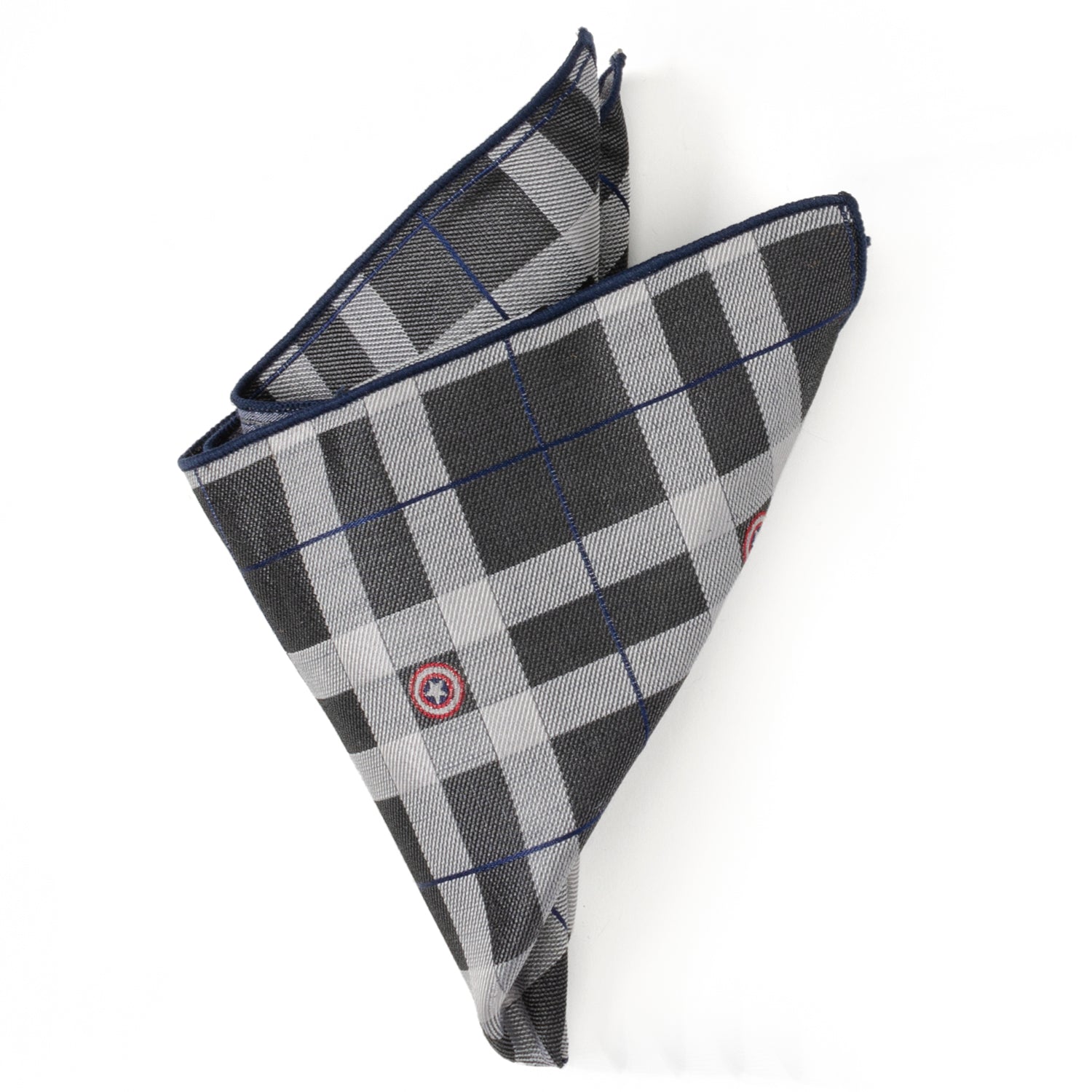 The Marvel Captain America Gray Plaid Pocket Square by Cufflinks.com features a black, white, and blue plaid design with red and white circular icons inspired by Captain America evenly spaced across the silk fabric.