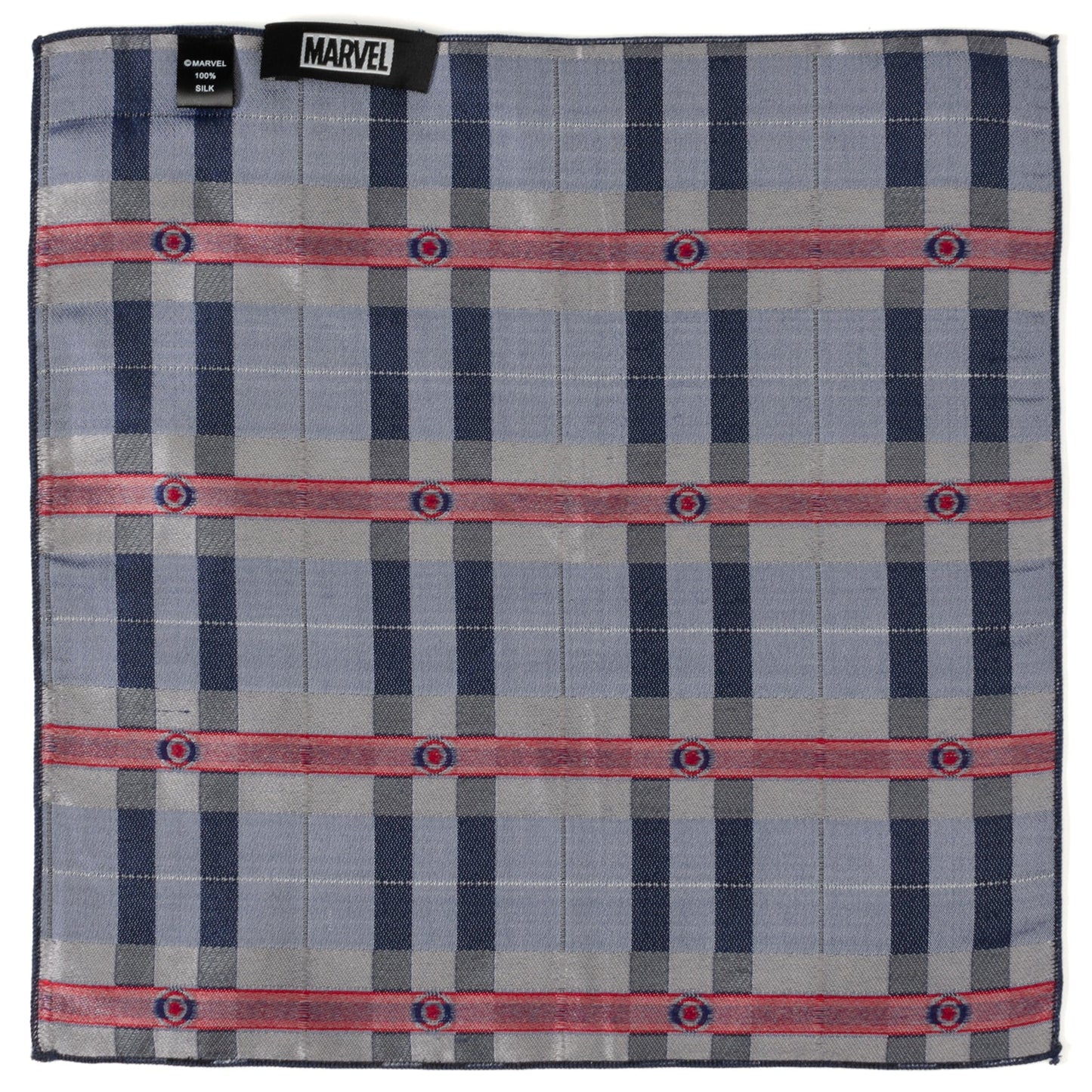 The Marvel Captain America Gray Plaid Pocket Square by Cufflinks.com features a black, white, and blue plaid design with red and white circular icons inspired by Captain America evenly spaced across the silk fabric.