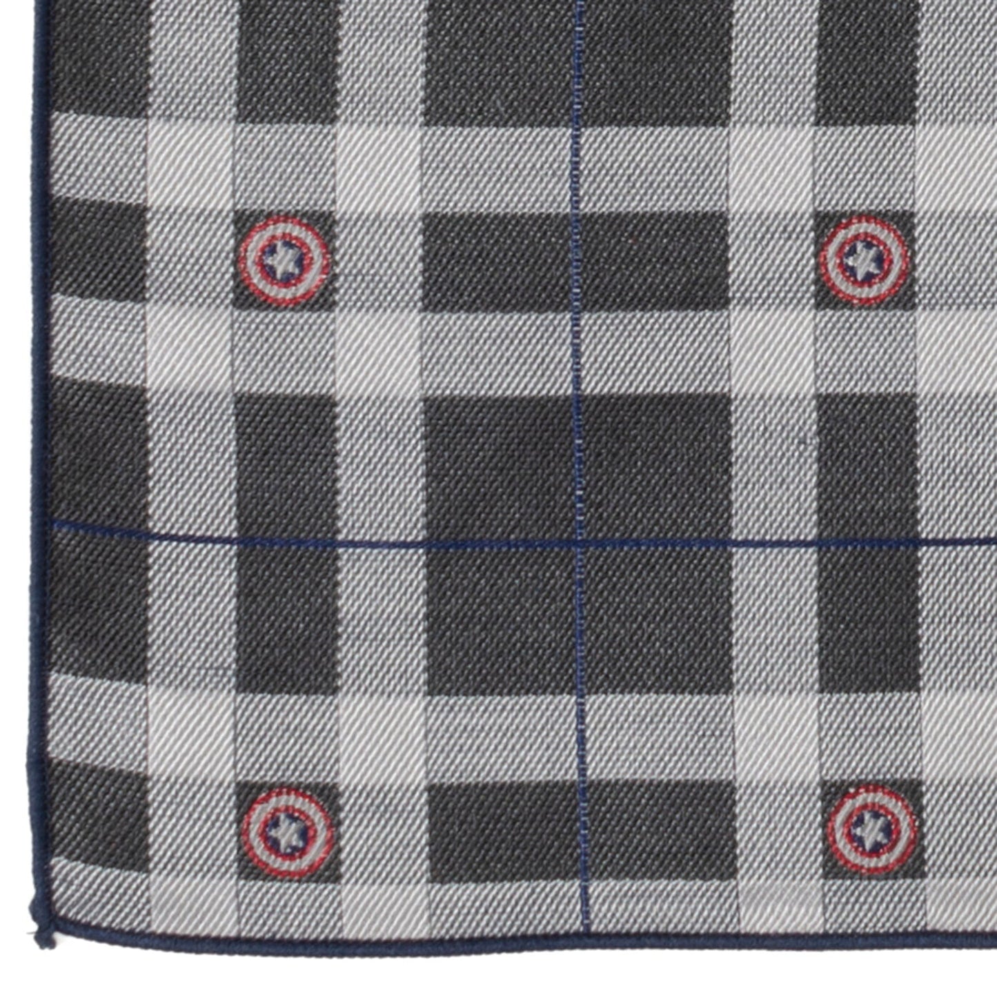The Marvel Captain America Gray Plaid Pocket Square by Cufflinks.com features a black, white, and blue plaid design with red and white circular icons inspired by Captain America evenly spaced across the silk fabric.