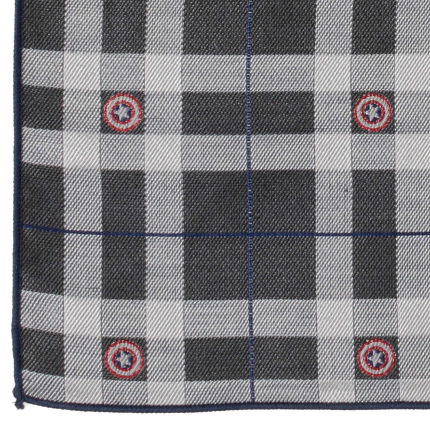 The Marvel Captain America Gray Plaid Pocket Square by Cufflinks.com features a black, white, and blue plaid design with red and white circular icons inspired by Captain America evenly spaced across the silk fabric.