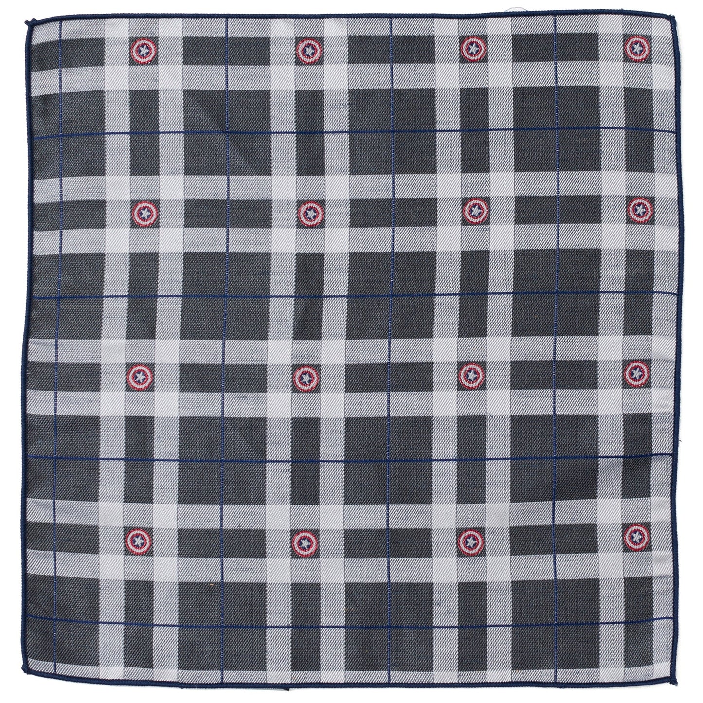 The Marvel Captain America Gray Plaid Pocket Square by Cufflinks.com features a black, white, and blue plaid design with red and white circular icons inspired by Captain America evenly spaced across the silk fabric.