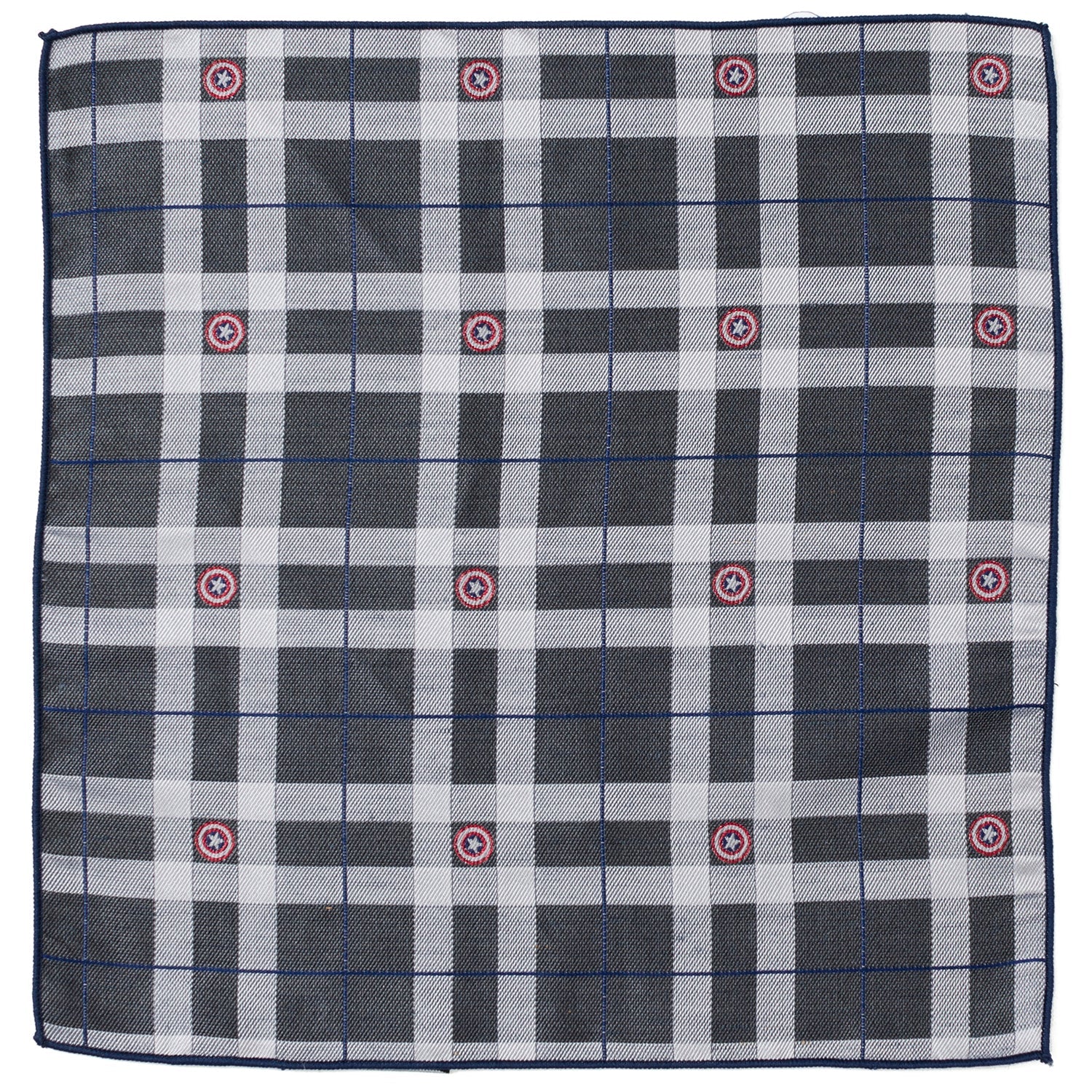 The Marvel Captain America Gray Plaid Pocket Square by Cufflinks.com features a black, white, and blue plaid design with red and white circular icons inspired by Captain America evenly spaced across the silk fabric.
