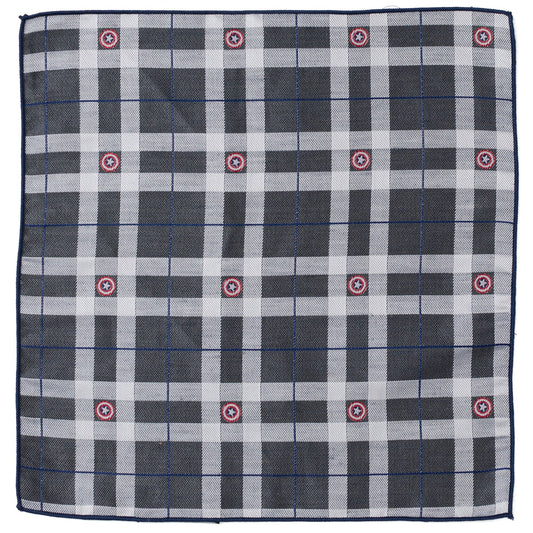 The Marvel Captain America Gray Plaid Pocket Square by Cufflinks.com features a black, white, and blue plaid design with red and white circular icons inspired by Captain America evenly spaced across the silk fabric.