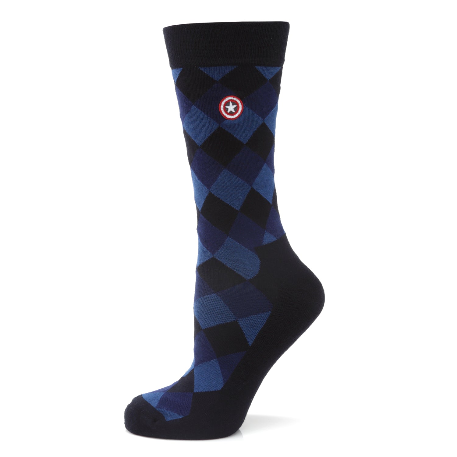 The Marvel Captain America Argyle Blue Gift Set by Cufflinks.com includes blue and black argyle socks with a small shield logo, plus a Captain America shield lapel pin—a perfect gift for any fan.