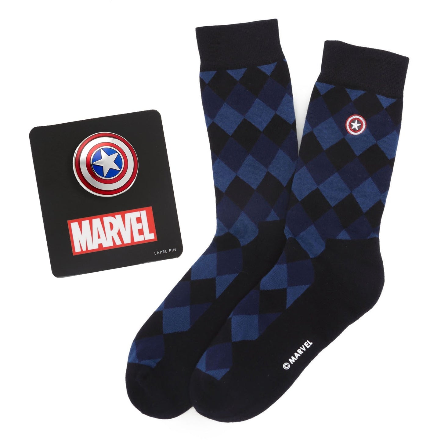 The Marvel Captain America Argyle Blue Gift Set by Cufflinks.com includes blue and black argyle socks with a small shield logo, plus a Captain America shield lapel pin—a perfect gift for any fan.