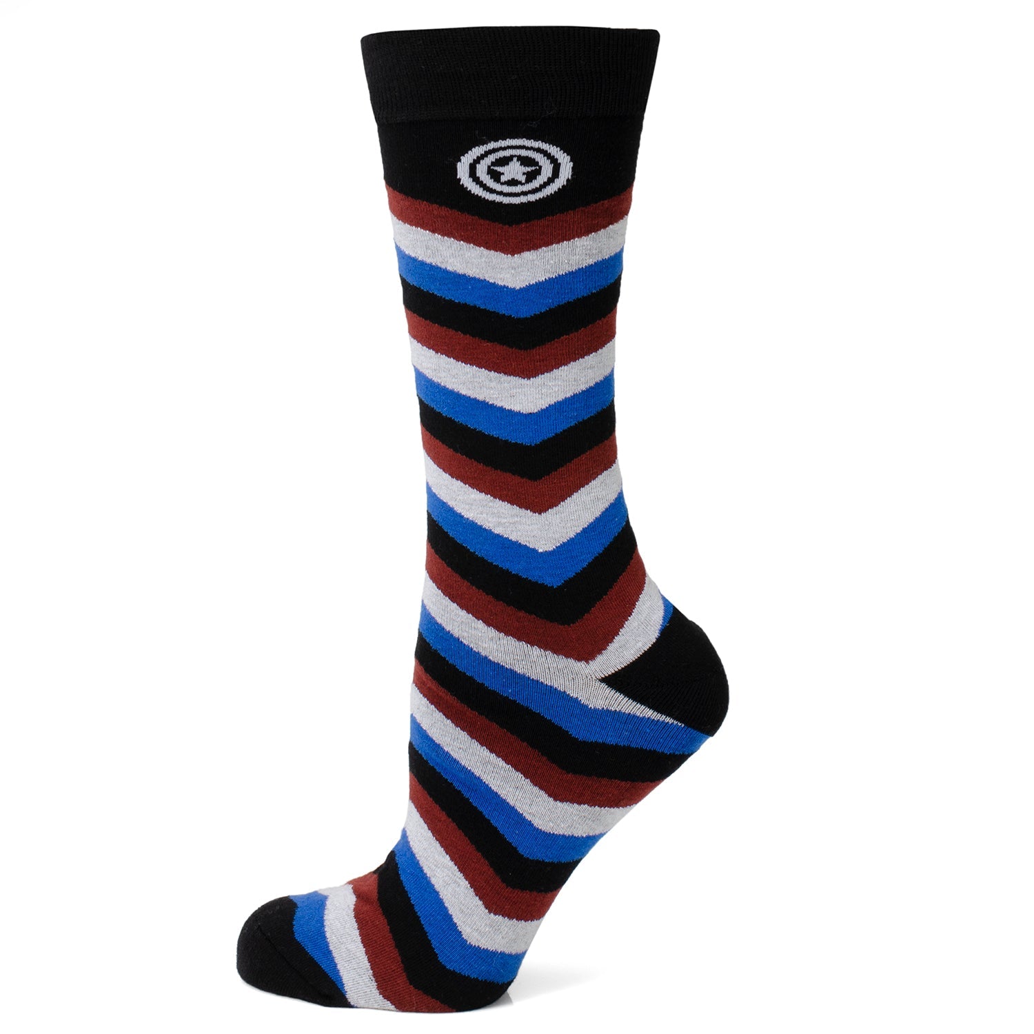 The Marvel Captain America Chevron Stripe Gift Set from Cufflinks.com features bold red, white, blue, and black striped socks paired with a Captain America pin—an ideal gift for Marvel fans.