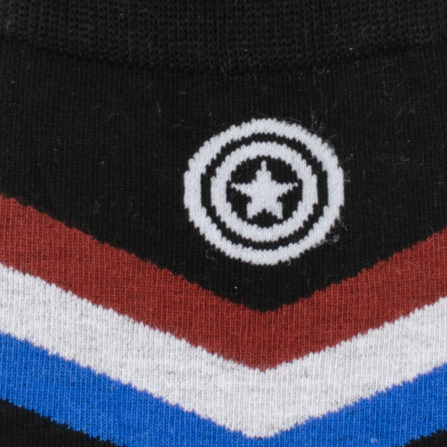 The Marvel Captain America Chevron Stripe Gift Set from Cufflinks.com features bold red, white, blue, and black striped socks paired with a Captain America pin—an ideal gift for Marvel fans.