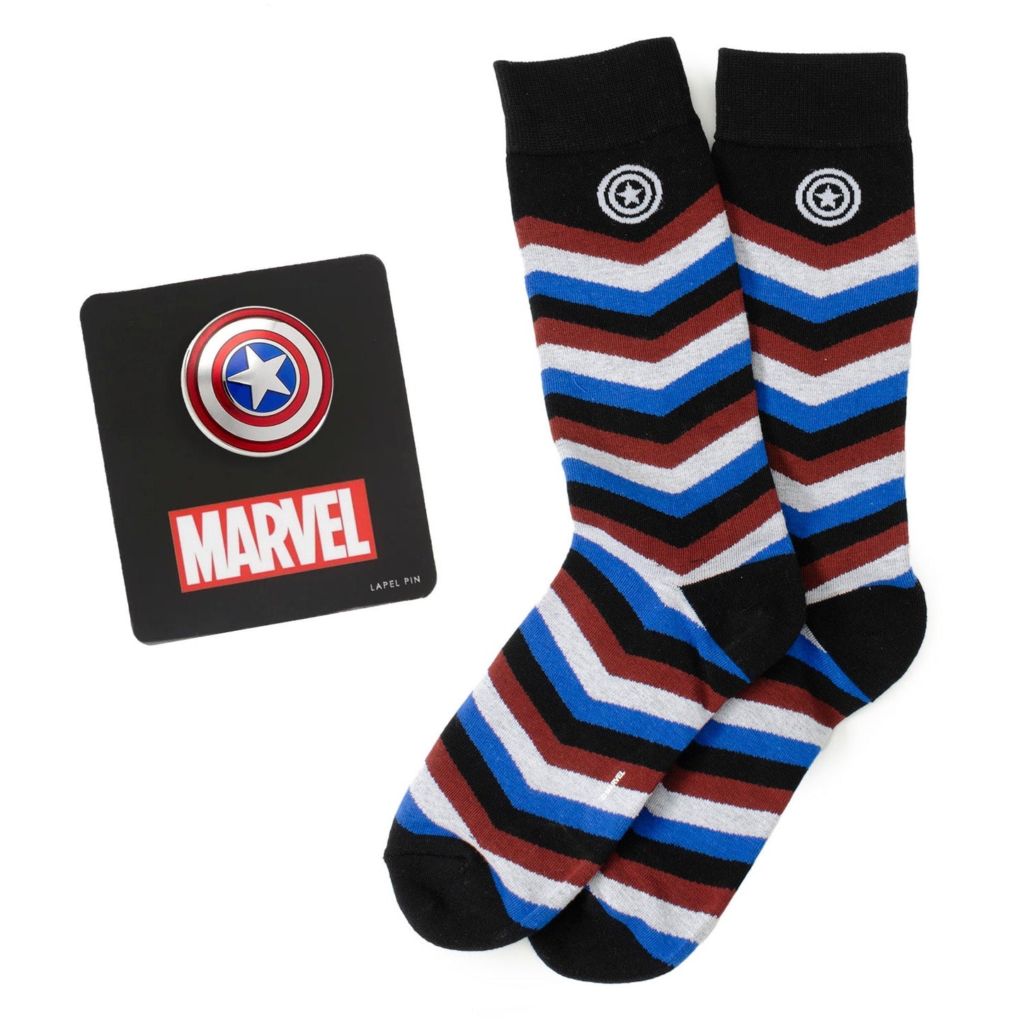 The Marvel Captain America Chevron Stripe Gift Set from Cufflinks.com features bold red, white, blue, and black striped socks paired with a Captain America pin—an ideal gift for Marvel fans.