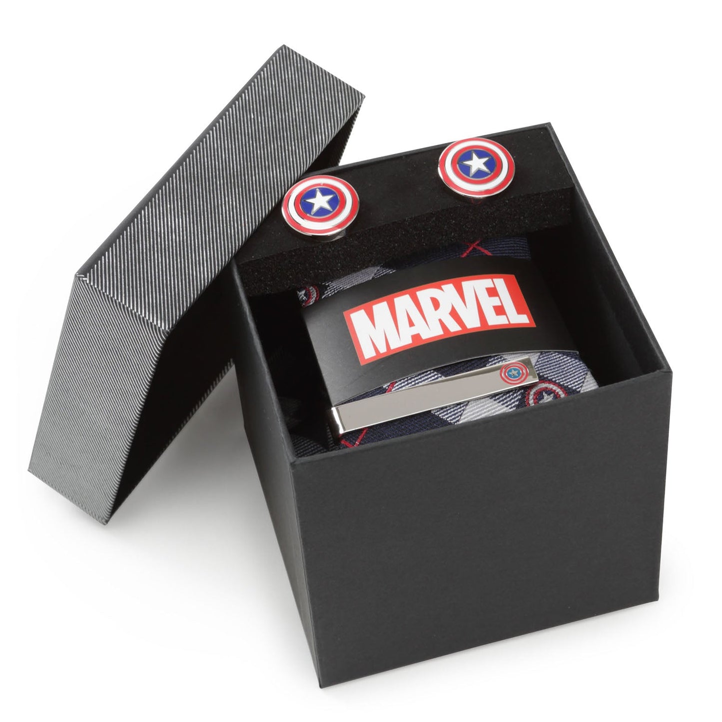 The Marvel Captain America Favorites Necktie Gift Set by Cufflinks.com features a silk tie, cufflinks, and tie clip with the Captain America shield, all presented on a white background.