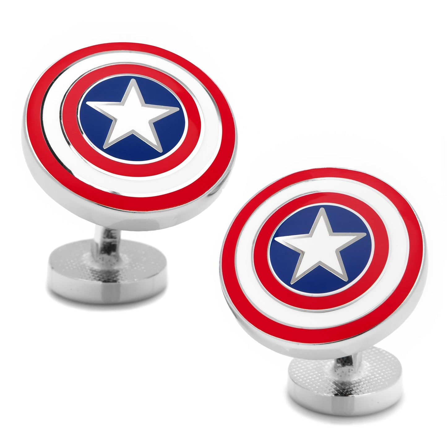 The Marvel Captain America Favorites Necktie Gift Set by Cufflinks.com features a silk tie, cufflinks, and tie clip with the Captain America shield, all presented on a white background.