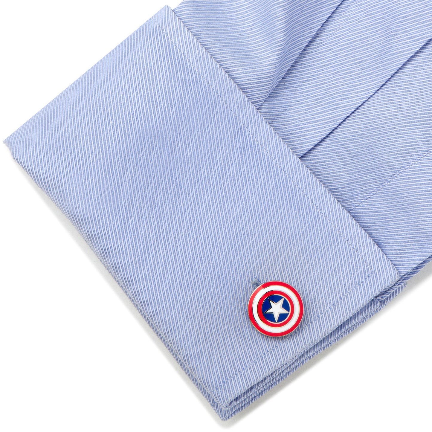 The Marvel Captain America Favorites Necktie Gift Set by Cufflinks.com features a silk tie, cufflinks, and tie clip with the Captain America shield, all presented on a white background.