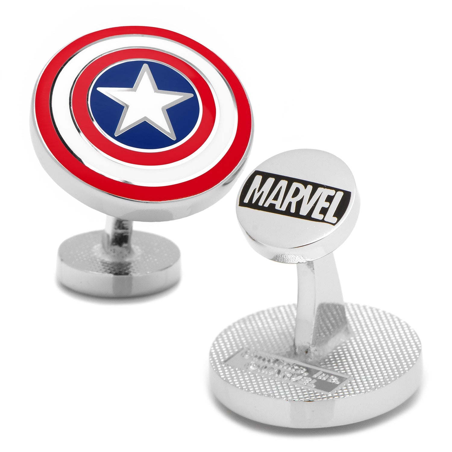 The Marvel Captain America Favorites Necktie Gift Set by Cufflinks.com features a silk tie, cufflinks, and tie clip with the Captain America shield, all presented on a white background.
