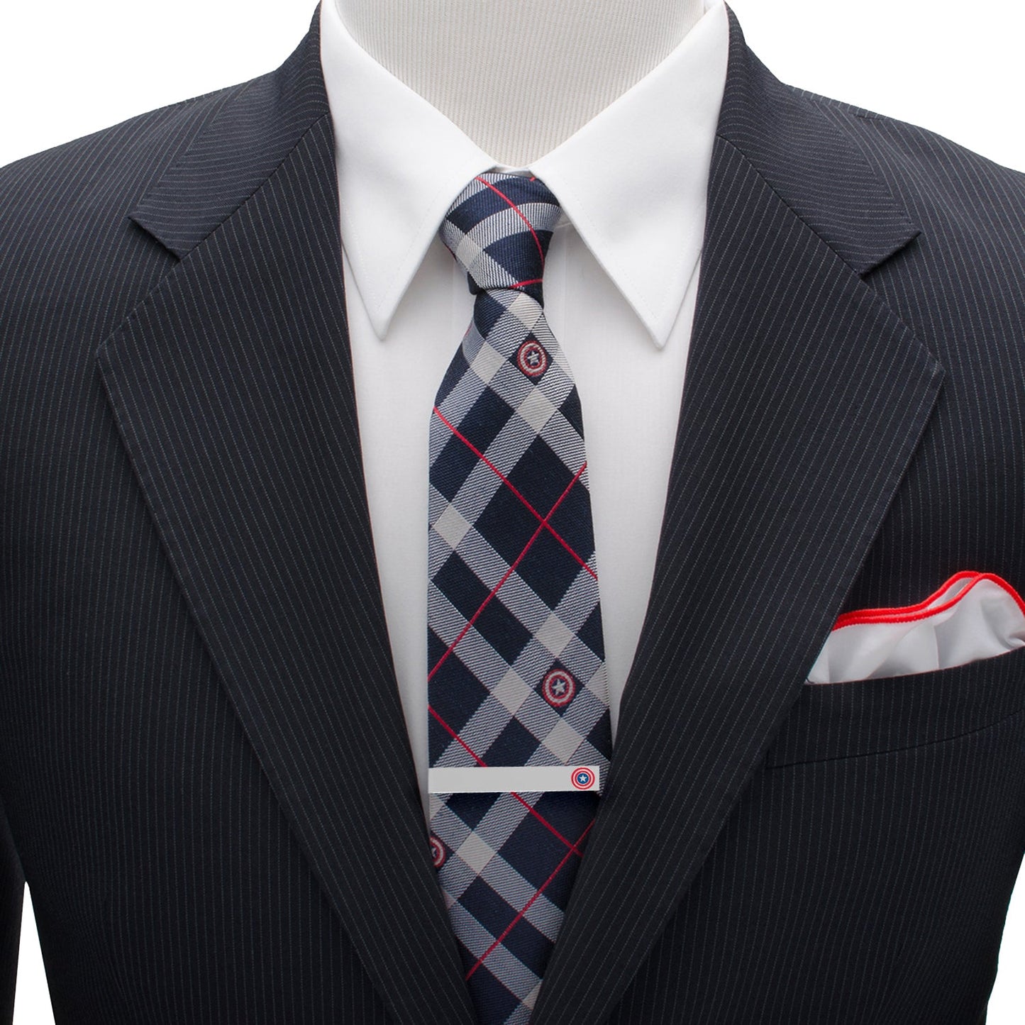 The Marvel Captain America Favorites Necktie Gift Set by Cufflinks.com features a silk tie, cufflinks, and tie clip with the Captain America shield, all presented on a white background.